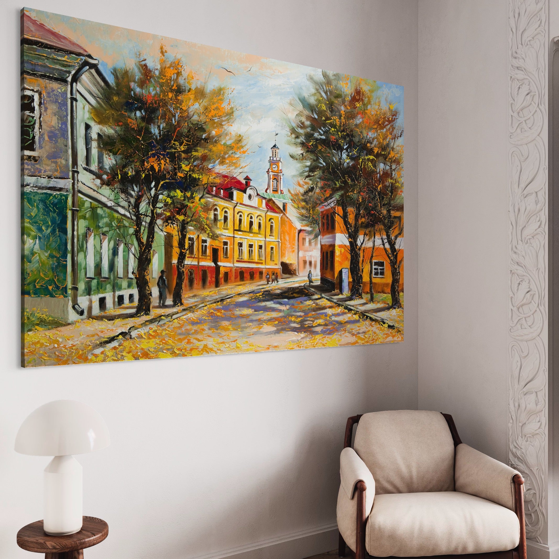 Tablou Canvas Premium LuxCanva® A1281, Oras La Ceas De Toamna, Living, Oameni, Cladiri, Strada, Dormitor, Culori Vibrante