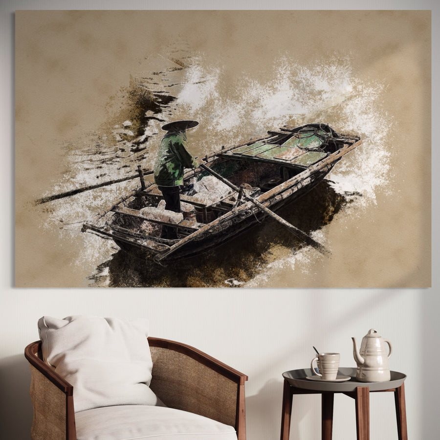 Tablou Canvas Premium LuxCanva® A1280, cu pescar în barcă pe lac, vasle și culori vibrante, aduce un plus de calitate premium decorului tău. Ideal pentru living, acest tablou pe pânză de la LuxCanva® creează o atmosferă elegantă.