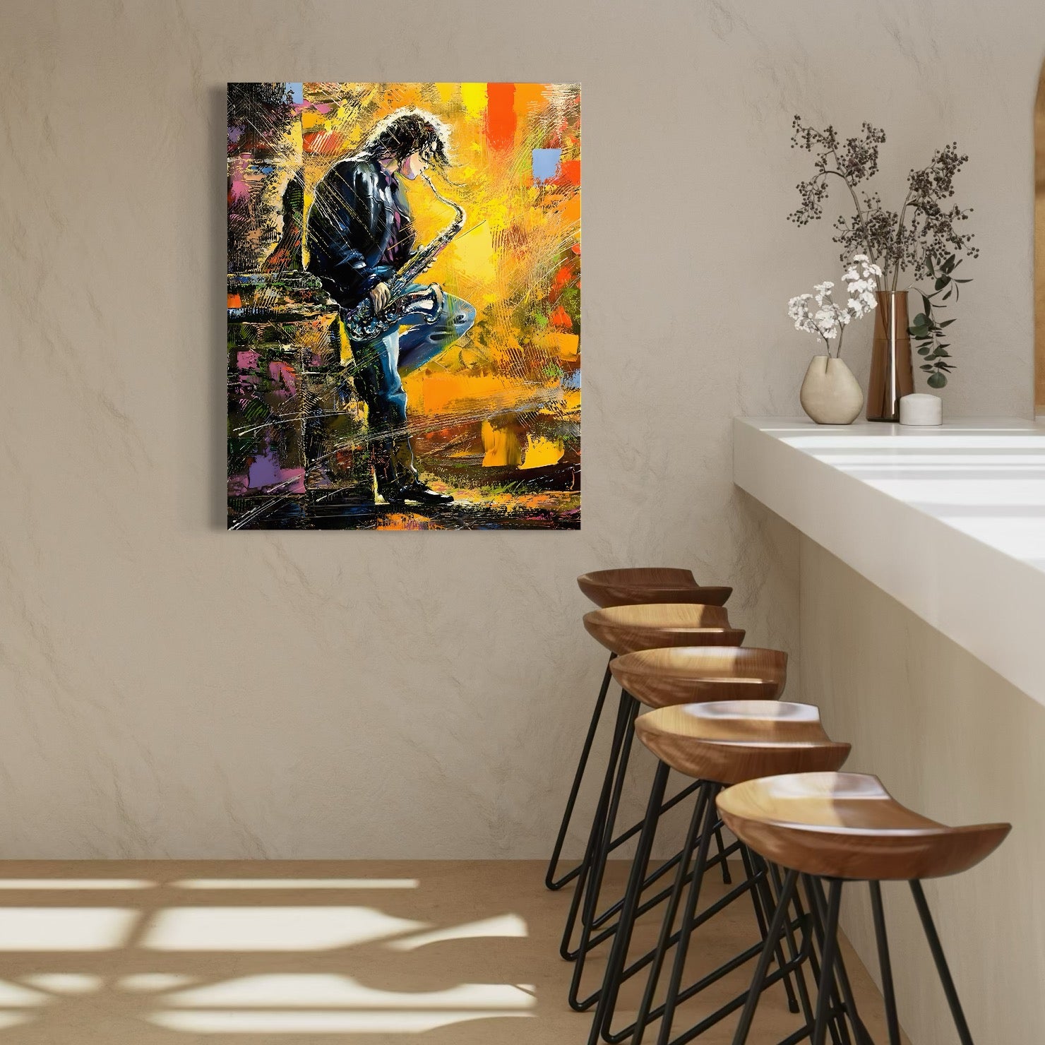 Tablou Canvas Premium LuxCanva® C1025, Muzician Stradal , Culori, Muzician, Saxofon, Dormitor, Camera Copilului, Relaxare, Culori Vibrante