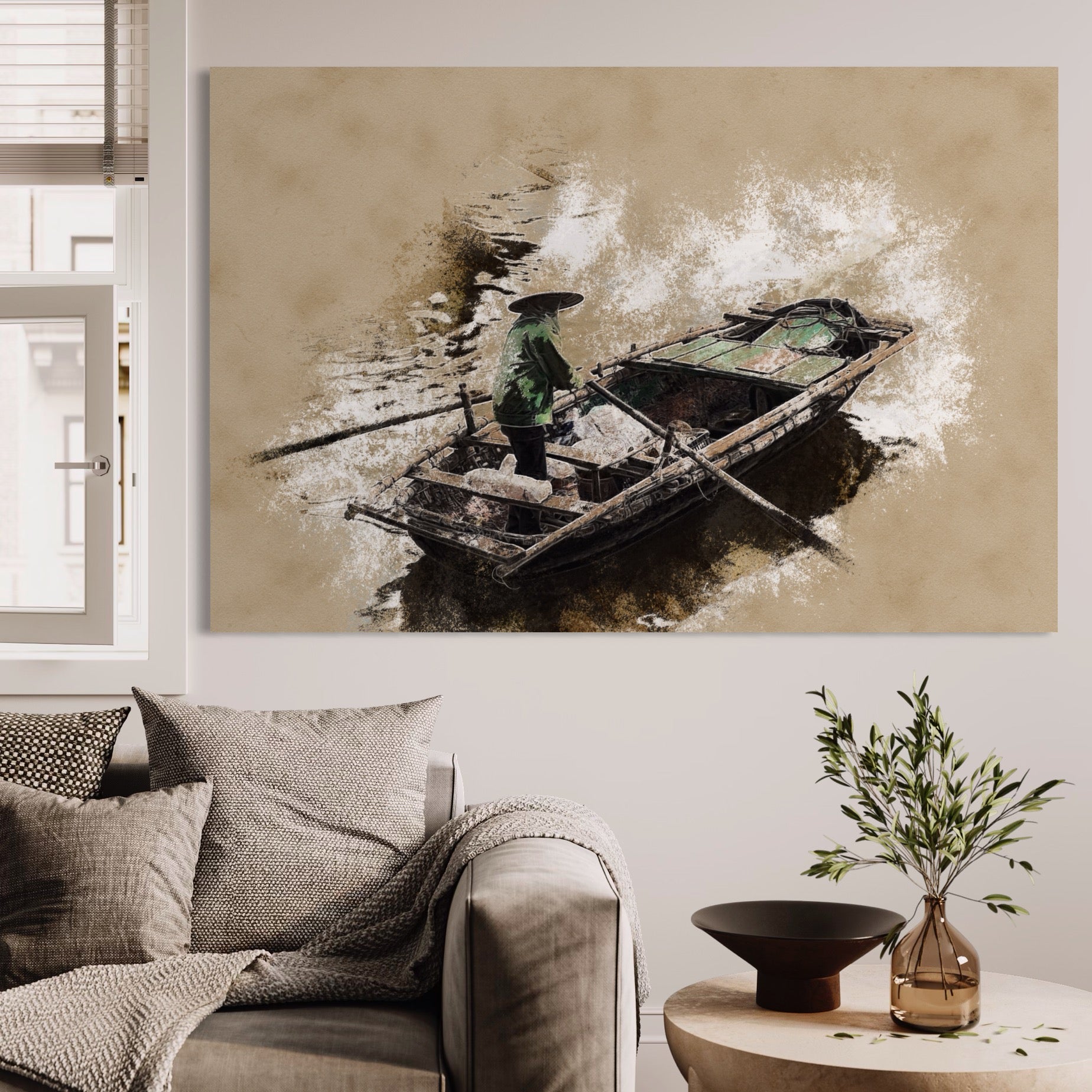 Tablou Canvas Premium LuxCanva® A1280, Pescarul, Living, Barca, Lac, Vasle, Culori Vibrante