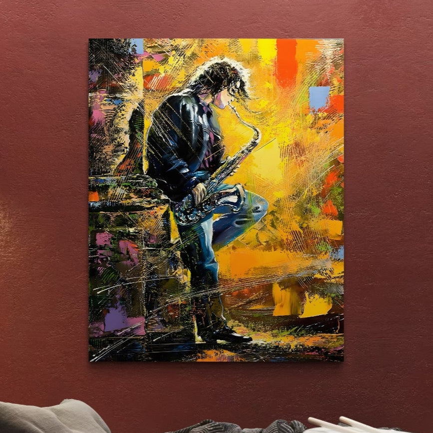 Tablou Canvas Premium LuxCanva® C1025, Muzician Stradal , Culori, Muzician, Saxofon, Dormitor, Camera Copilului, Relaxare, Culori Vibrante