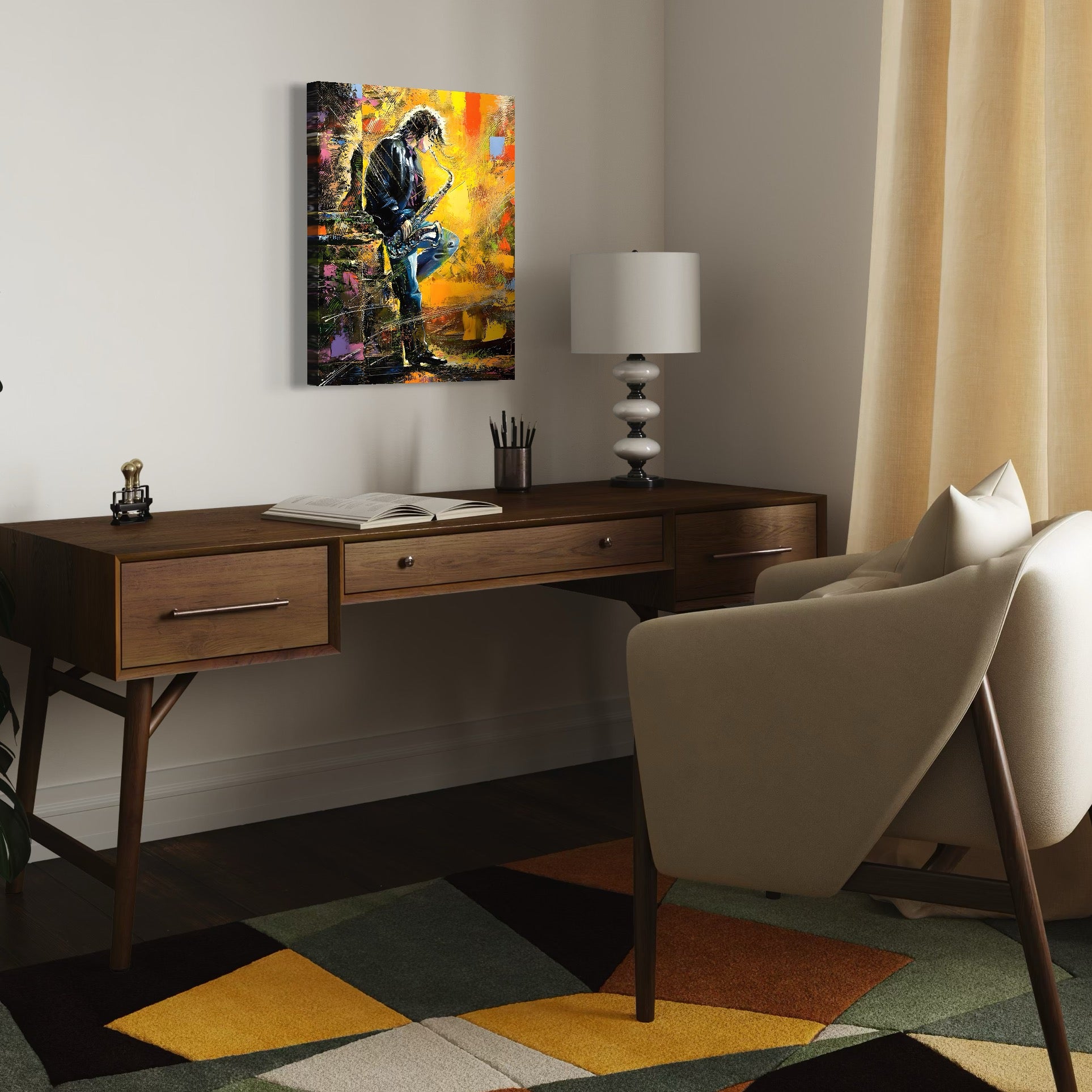 Tablou Canvas Premium LuxCanva® C1025, Muzician Stradal , Culori, Muzician, Saxofon, Dormitor, Camera Copilului, Relaxare, Culori Vibrante