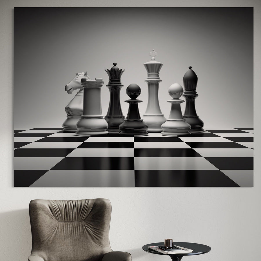 Tabloul LuxCanva® Tablou Canvas Premium A1278, care prezintă o tablă de șah alb-negru cu piese, adaugă eleganță camerei de zi sau biroului dvs. atunci când este expus deasupra mobilierului modern.
