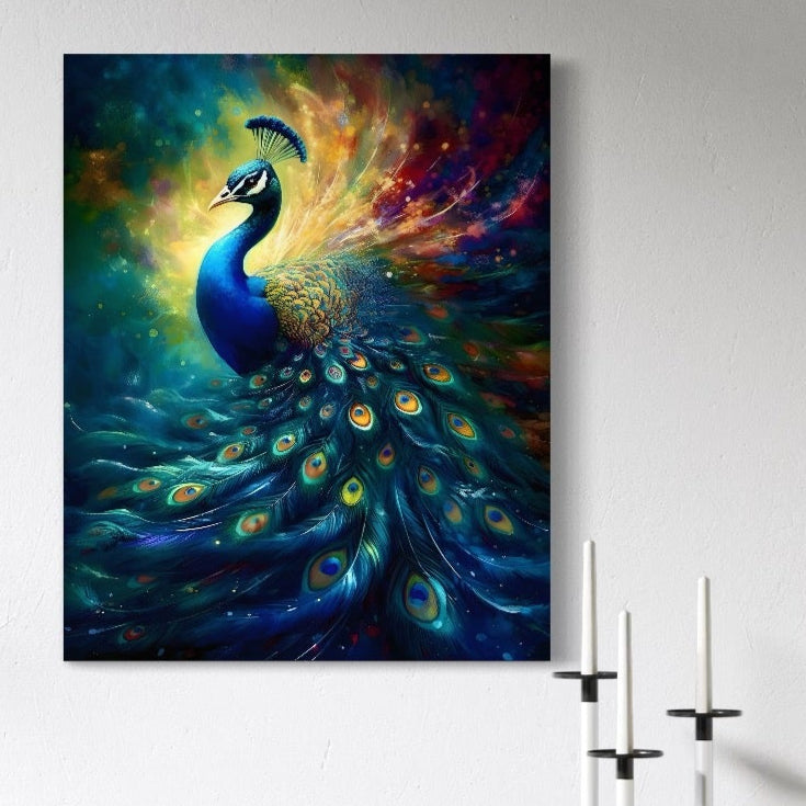LuxCanva® Tablou Canvas Premium C1026, "Paun Stralucitor", prezintă un păun cu culori vibrante și detalii cosmice, perfect pentru dormitor sau living, aducând un plus de relaxare și stil oricărui spațiu.