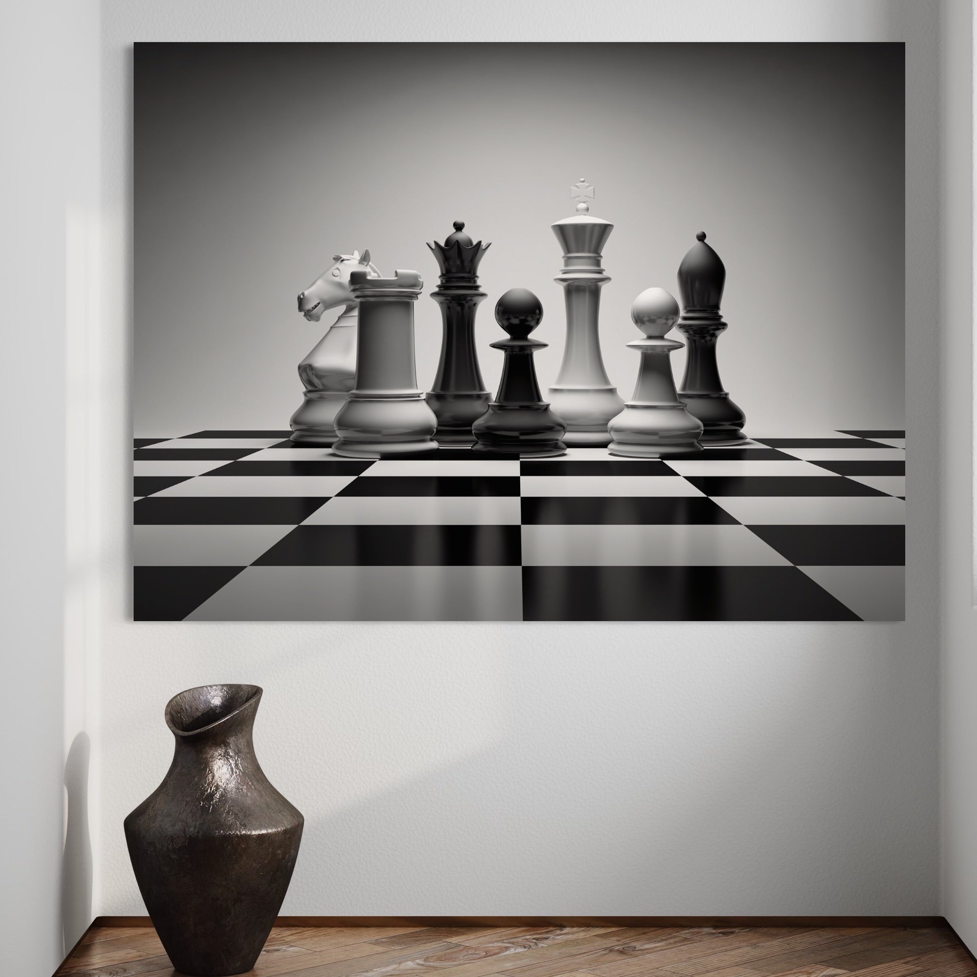 Tablou Canvas Premium LuxCanva® A1278, Tabla De Sah, Living, Piese De Sah, Regina, Rege, Birou, Alb-Negru