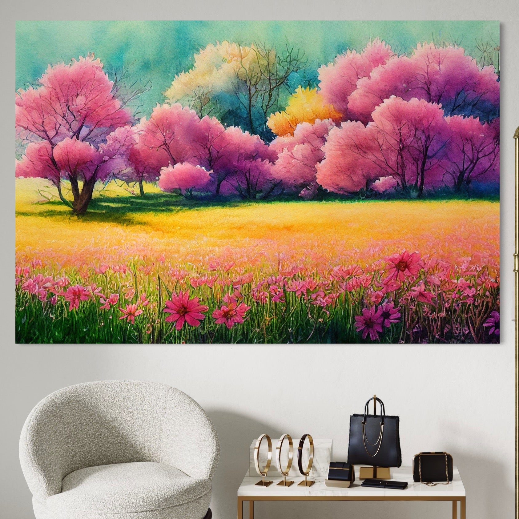 Tablou Canvas Premium LuxCanva® A1277, Copaci Roz, Living, Flori, Campie, Arbori, Cer, Dormitor, Culori Vibrante