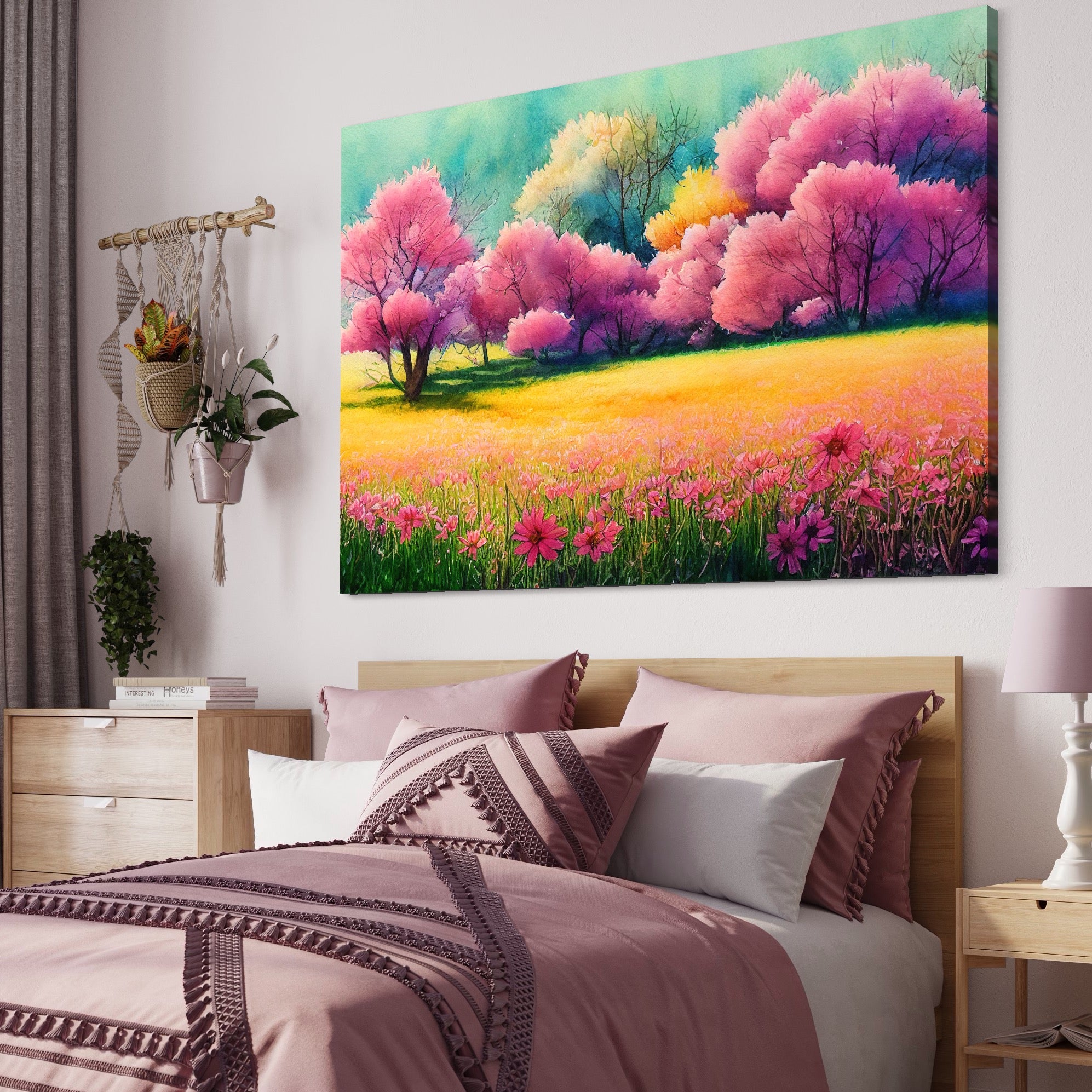 Tablou Canvas Premium LuxCanva® A1277, Copaci Roz, Living, Flori, Campie, Arbori, Cer, Dormitor, Culori Vibrante