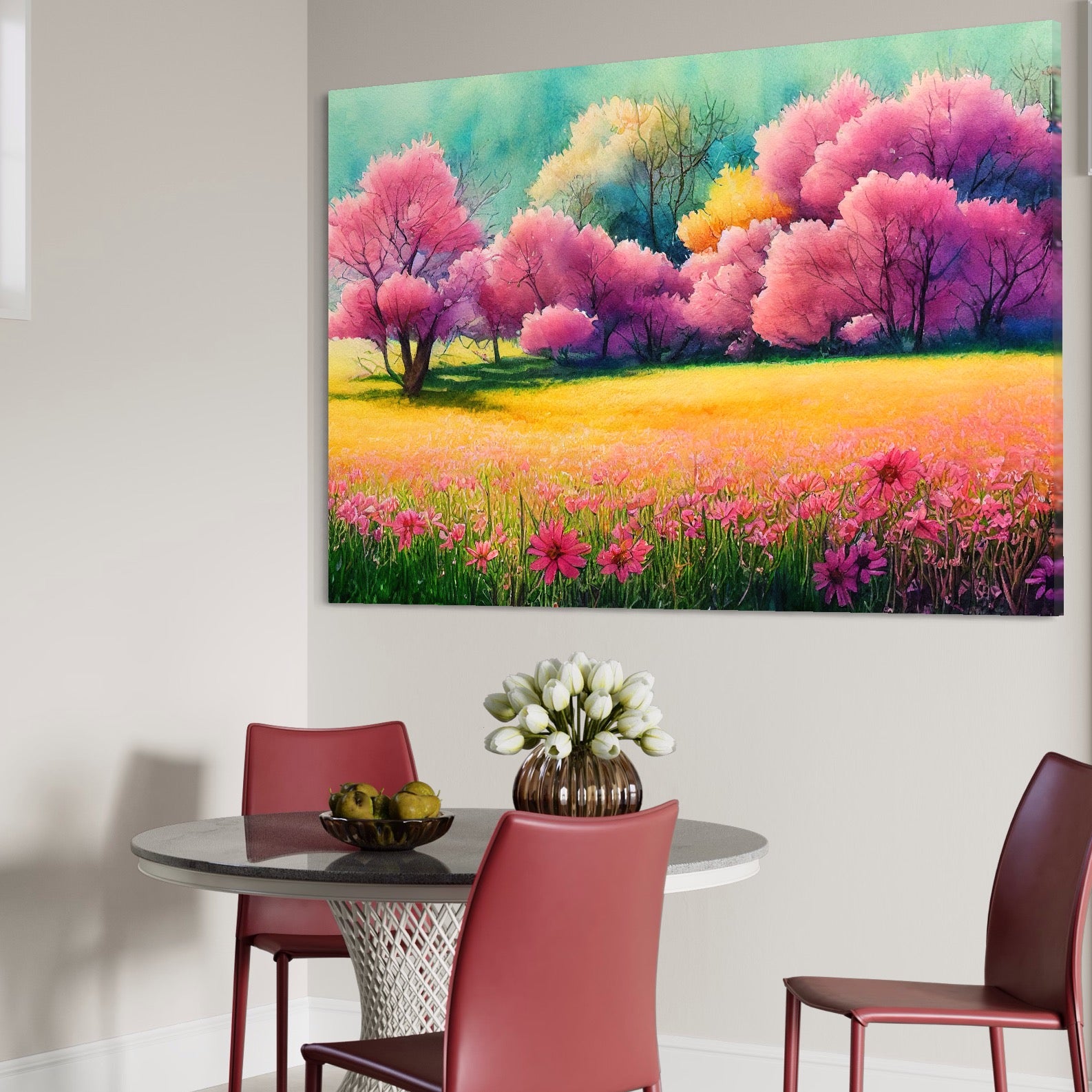 Tablou Canvas Premium LuxCanva® A1277, Copaci Roz, Living, Flori, Campie, Arbori, Cer, Dormitor, Culori Vibrante