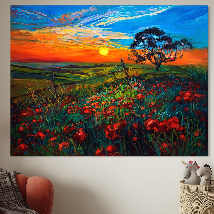 Tablou Canvas Premium LuxCanva® A1276, "Flori La Apus", cu maci roșii la apus pe câmp, cu culori vibrante - decor ideal pentru camera copiilor sau living, de la LuxCanva®.