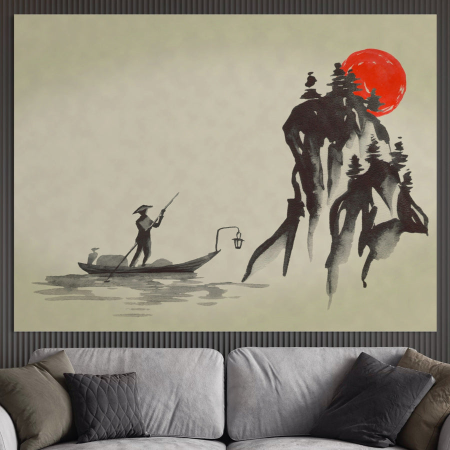 Tablou Canvas Premium LuxCanva® A1272, cu artă tradițională Sumi japoneză, prezintă o barcă pe apă, sakura și culori vibrante - decor elegant pentru living sau dormitor. Ideal pentru iubitorii stilului asiatic.