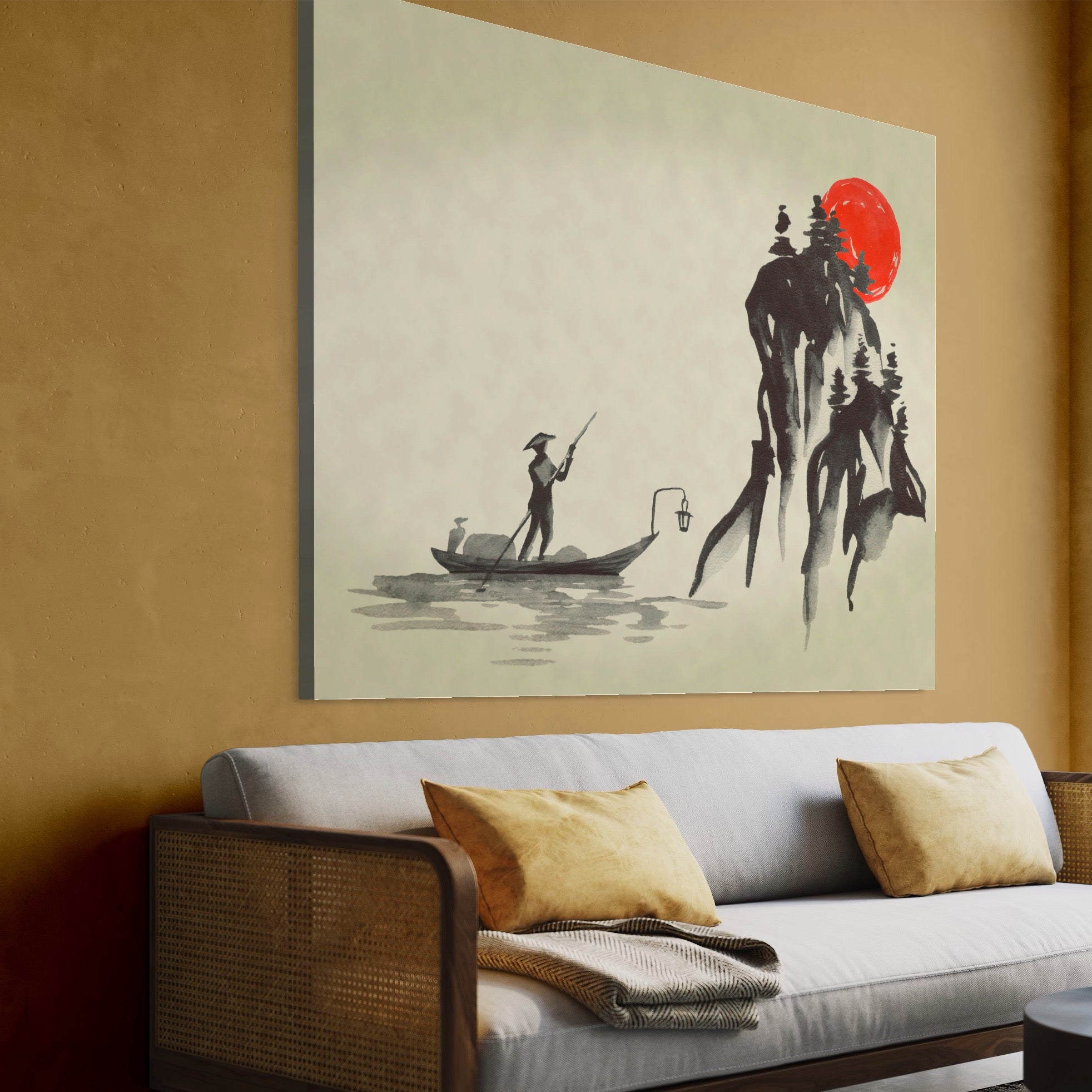 Tablou Canvas Premium LuxCanva® A1272, Japan Traditional Sumi, Living, Sakura, Barca, Apa, Dormitor, Culori Vibrante