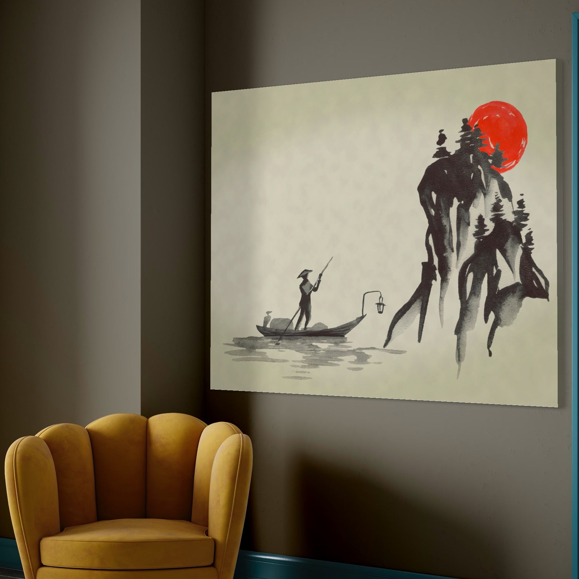 Tablou Canvas Premium LuxCanva® A1272, Japan Traditional Sumi, Living, Sakura, Barca, Apa, Dormitor, Culori Vibrante