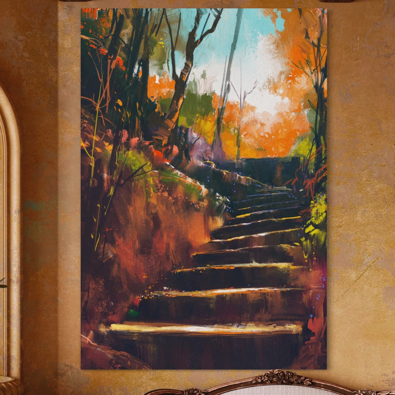 Tablou Canvas Premium LuxCanva® A1271, Brown Stairs, Scari, Toamna, Copaci, Frunze, Dormitor, Culori Vibrante