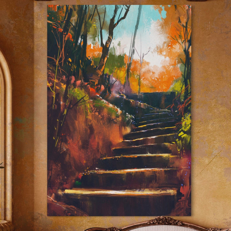 Tablou Canvas Premium LuxCanva® A1271 prezintă scări maro printre copaci de toamnă cu frunze vibrante; această operă calitate premium de la LuxCanva® decorează perfect orice perete texturat din dormitor.