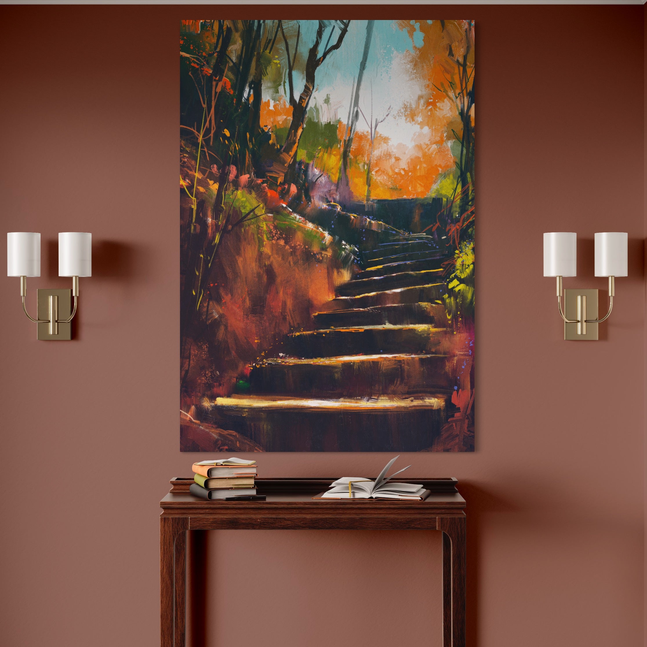 Tablou Canvas Premium LuxCanva® A1271, Brown Stairs, Scari, Toamna, Copaci, Frunze, Dormitor, Culori Vibrante