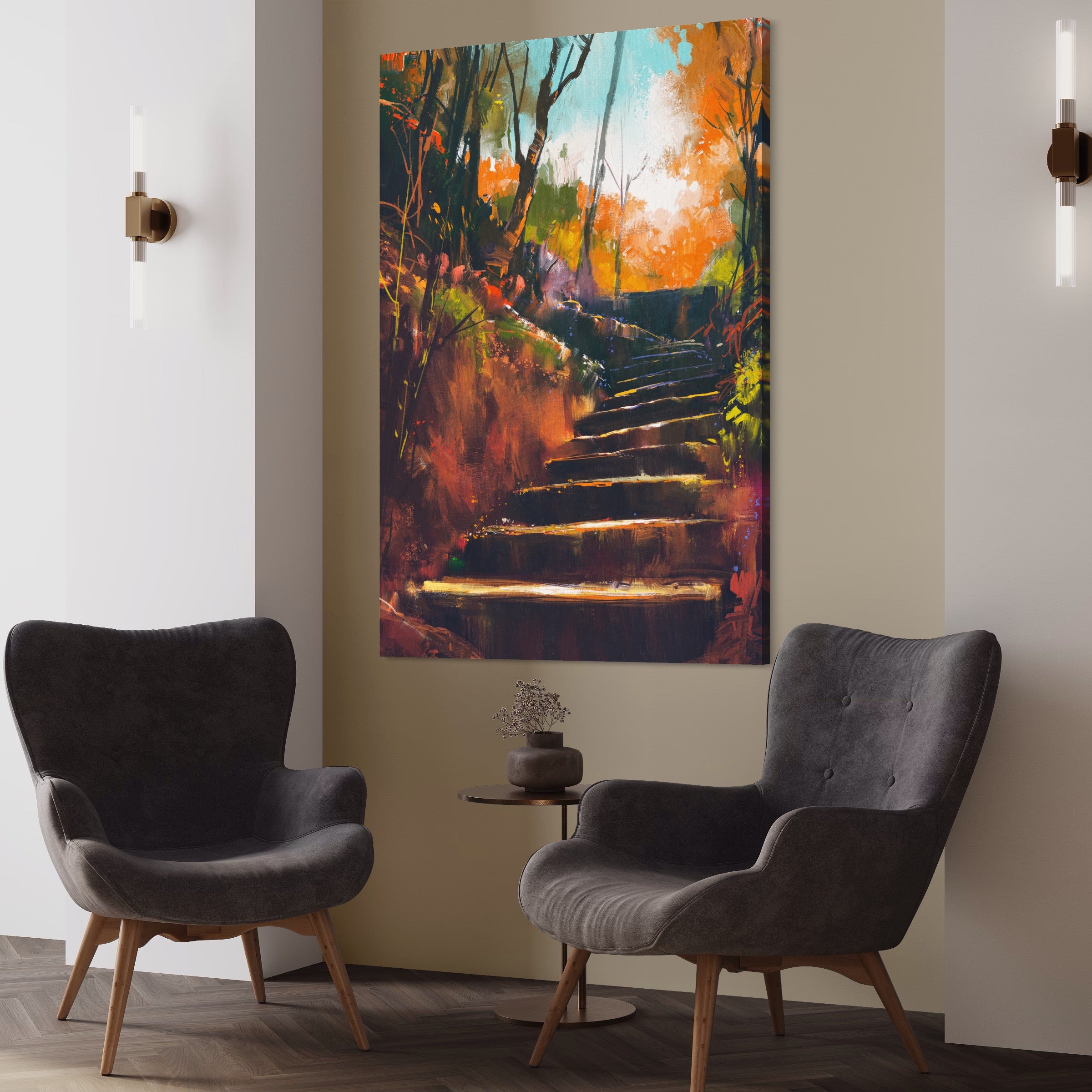 Tablou Canvas Premium LuxCanva® A1271, Brown Stairs, Scari, Toamna, Copaci, Frunze, Dormitor, Culori Vibrante