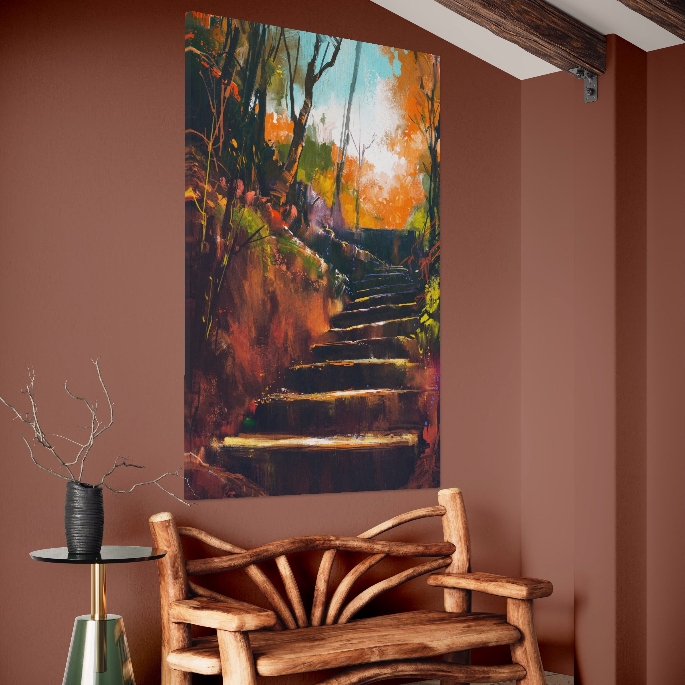 Tablou Canvas Premium LuxCanva® A1271, Brown Stairs, Scari, Toamna, Copaci, Frunze, Dormitor, Culori Vibrante