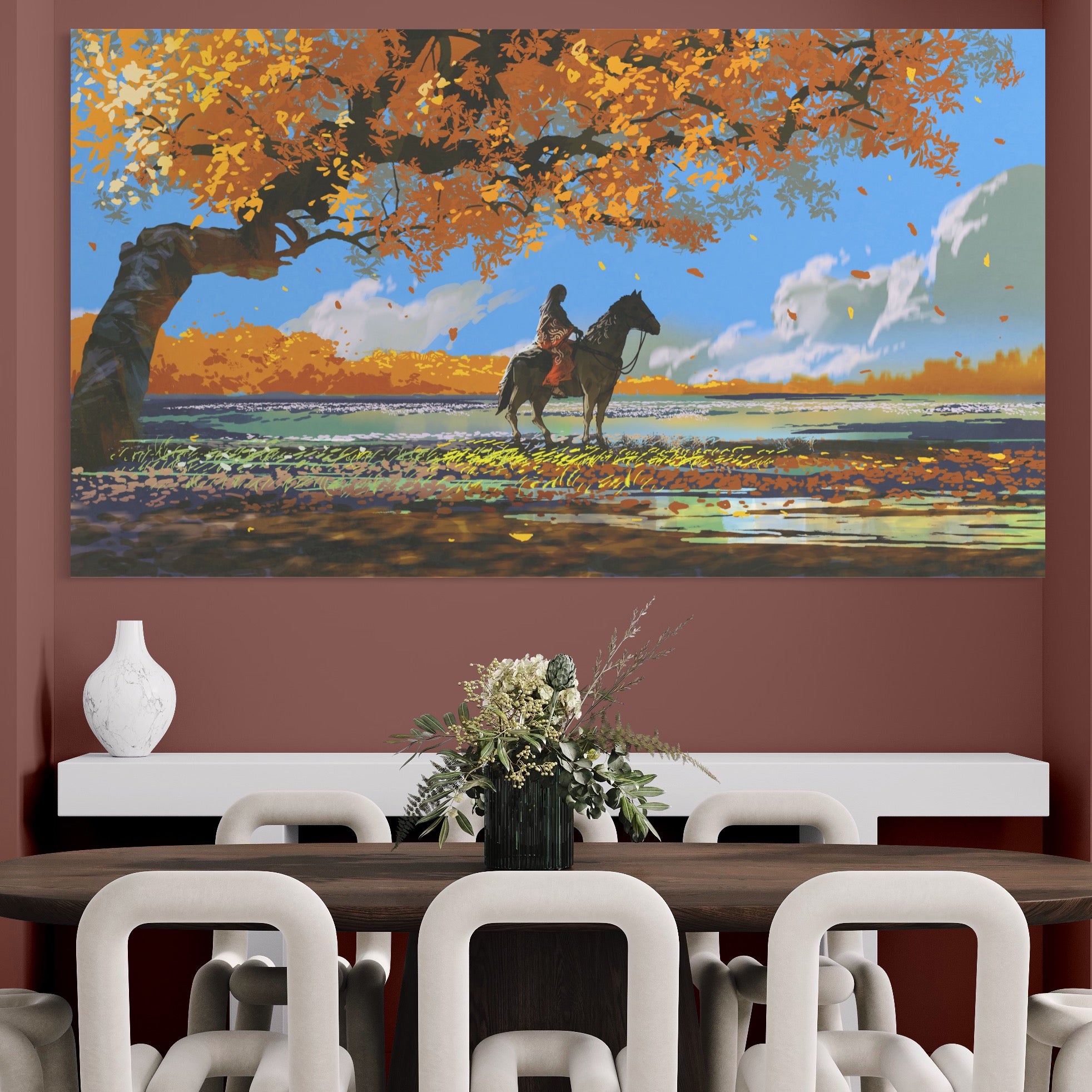 Tablou Canvas Premium LuxCanva® A1270, Girl With Horse, Cal, Copac, Frunze, Fata, Dormitor, Culori Vibrante