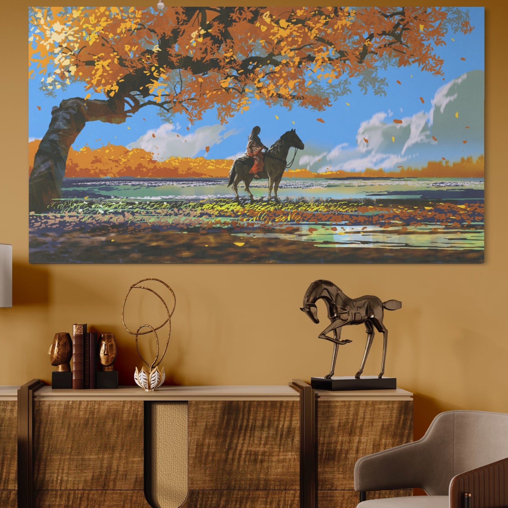 Tablou Canvas Premium LuxCanva® A1270, Girl With Horse, Cal, Copac, Frunze, Fata, Dormitor, Culori Vibrante