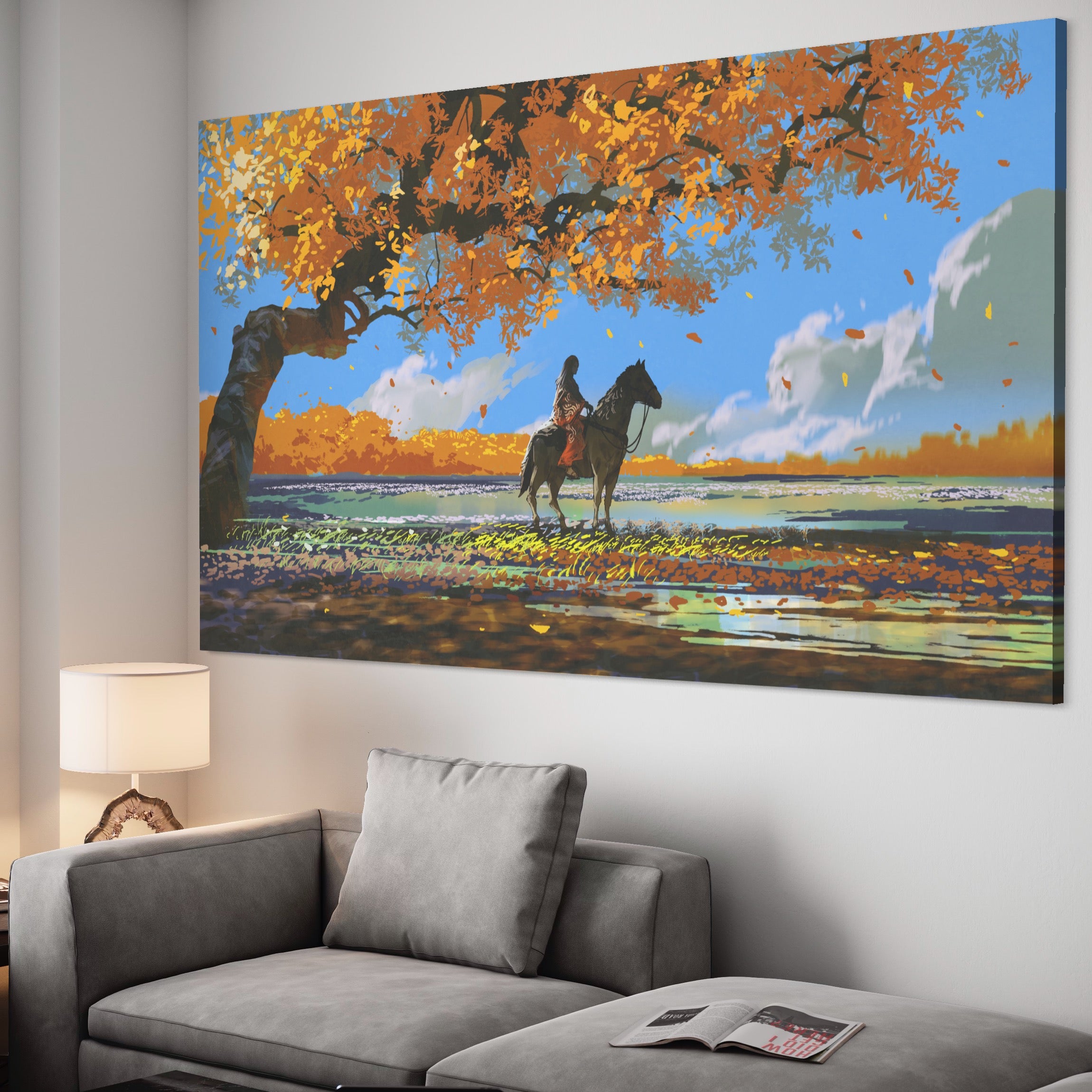 Tablou Canvas Premium LuxCanva® A1270, Girl With Horse, Cal, Copac, Frunze, Fata, Dormitor, Culori Vibrante