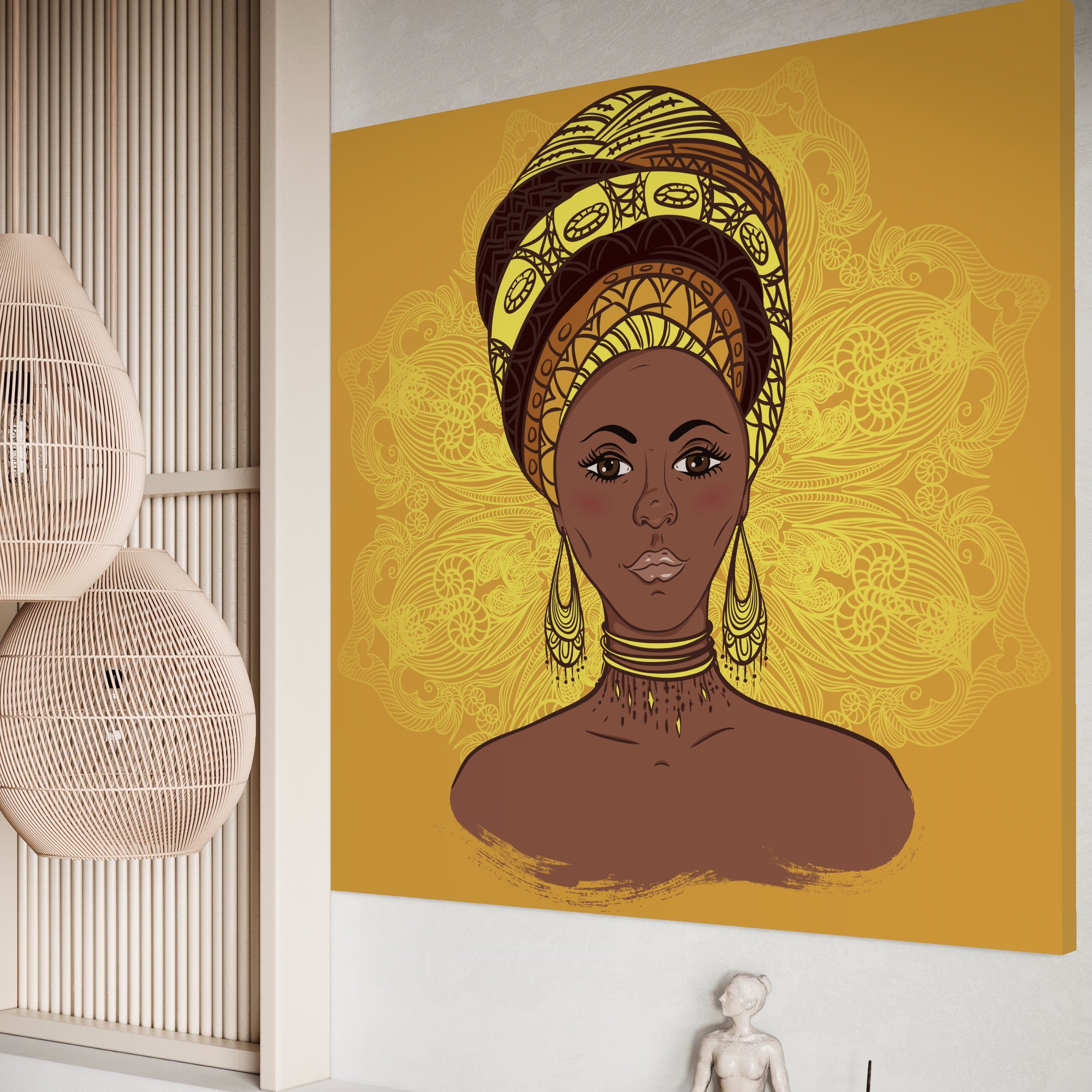 Tablou Canvas Premium LuxCanva® A1269, African Girl, Femeie, Auriu, Turban African, Dressing, Culori Vibrante