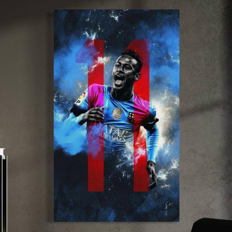 Tablou Canvas Premium LuxCanva® C1033: Neymar Jr în culori vibrante, fotbalist Barcelona cu tricou albastru-roz și cifra 11, pe fund cu fumuri dramatice. Ideal pentru camera copilului, camera de jocuri sau bar.