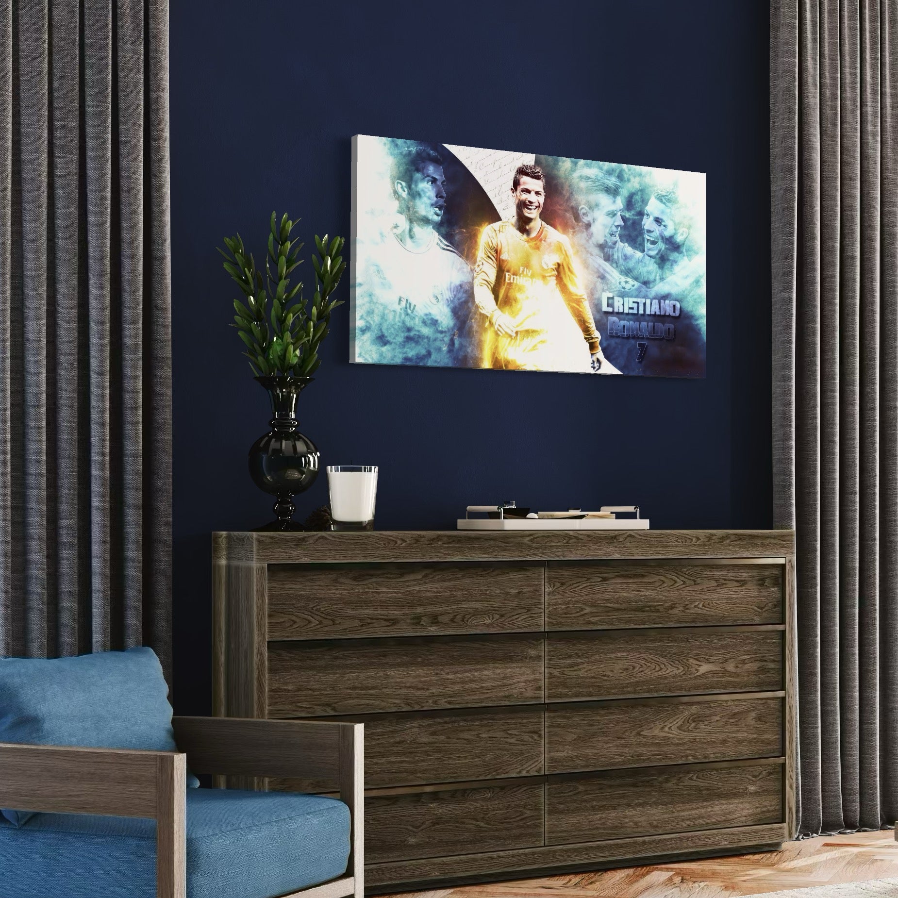 Tablou Canvas Premium LuxCanva® C1034, Cristiano Ronaldo ,  Culori, Fotbalist, Real Madrid, CR 7, Camera Copilului, Game Room, Bar, Relaxare, Culori Vibrante