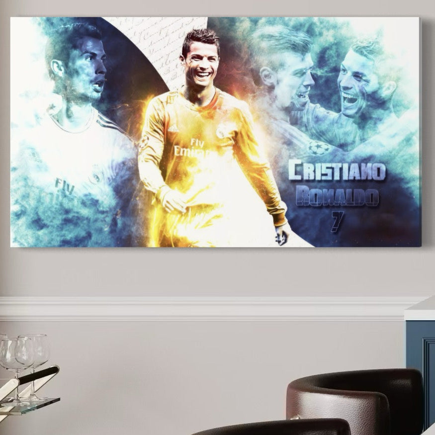 Tablou Canvas Premium LuxCanva® C1034 cu Cristiano Ronaldo, design CR7 în culori vibrante, ideal pentru decorarea camerei copilului, game room sau bar. Brand: LuxCanva®.