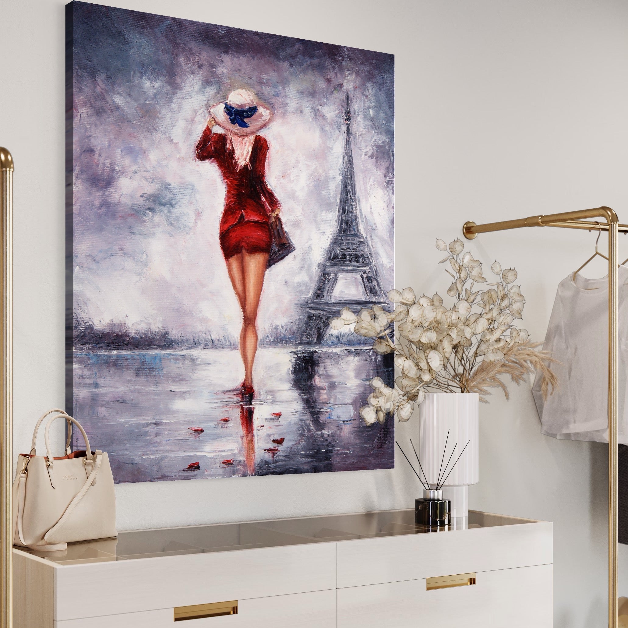 Tablou Canvas Premium LuxCanva® A1267, Lady In Paris, Femeie, Turnul Eiffel, Rochie Rosie, Dormitor, Culori Vibrante