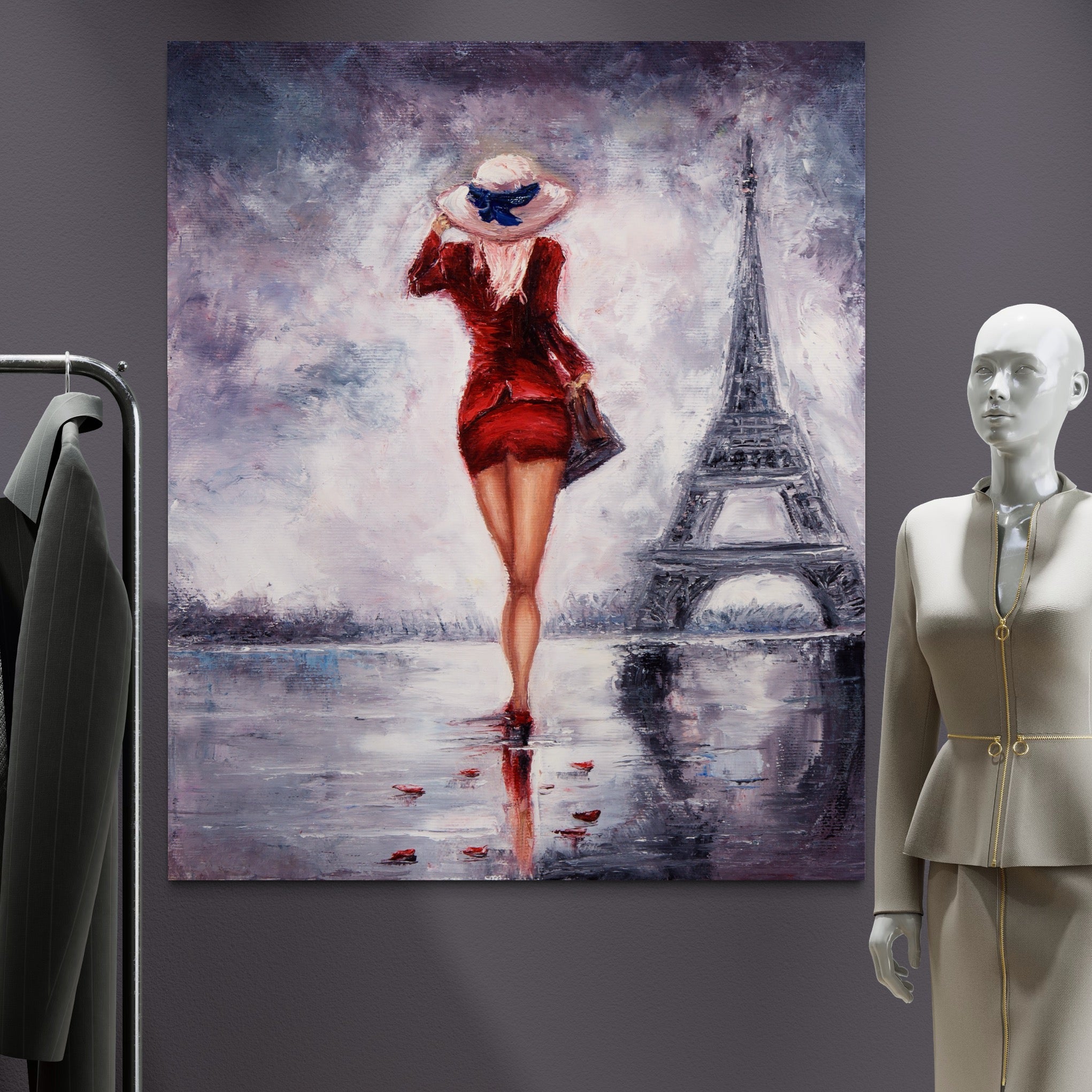 Tablou Canvas Premium LuxCanva® A1267, Lady In Paris, Femeie, Turnul Eiffel, Rochie Rosie, Dormitor, Culori Vibrante