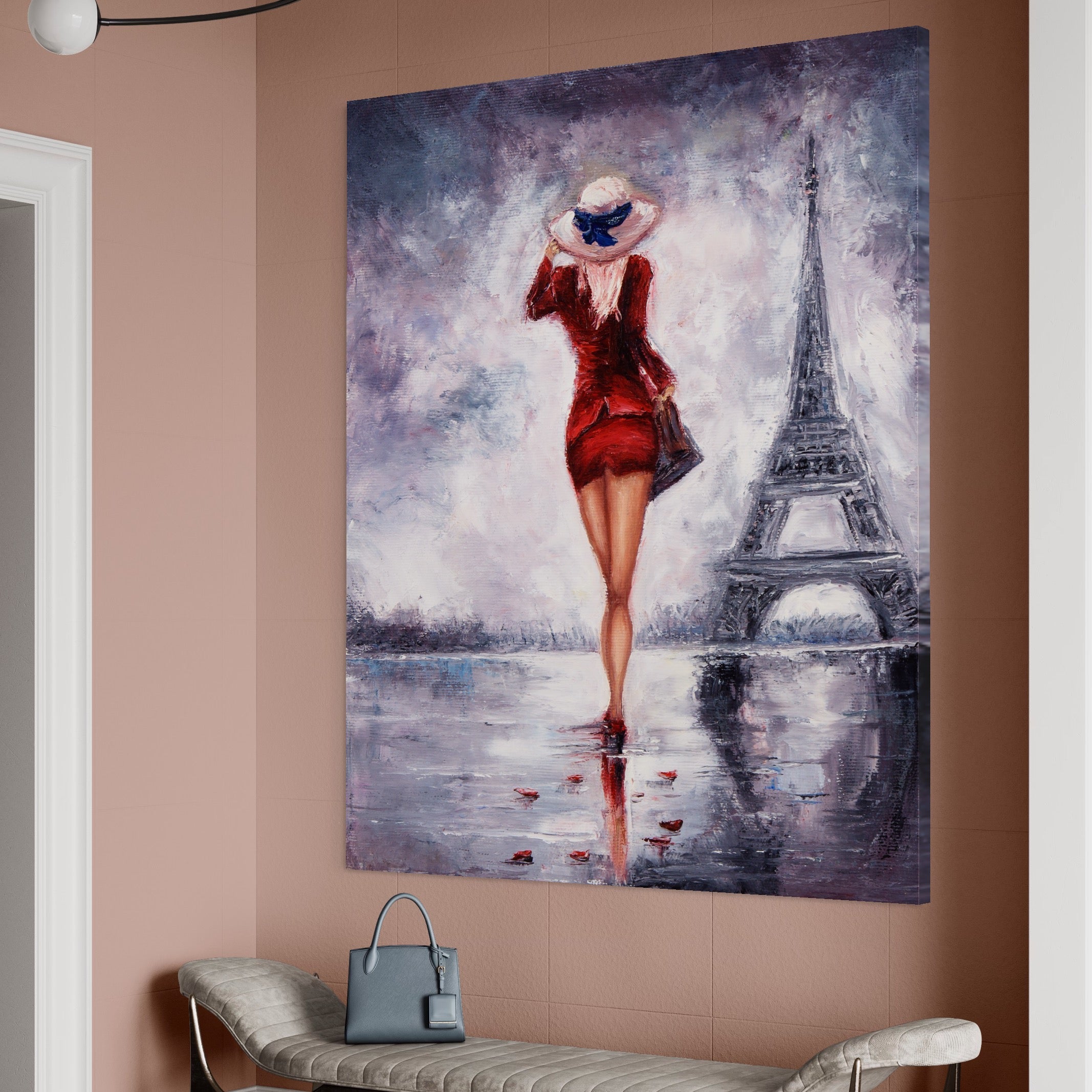 Tablou Canvas Premium LuxCanva® A1267, Lady In Paris, Femeie, Turnul Eiffel, Rochie Rosie, Dormitor, Culori Vibrante