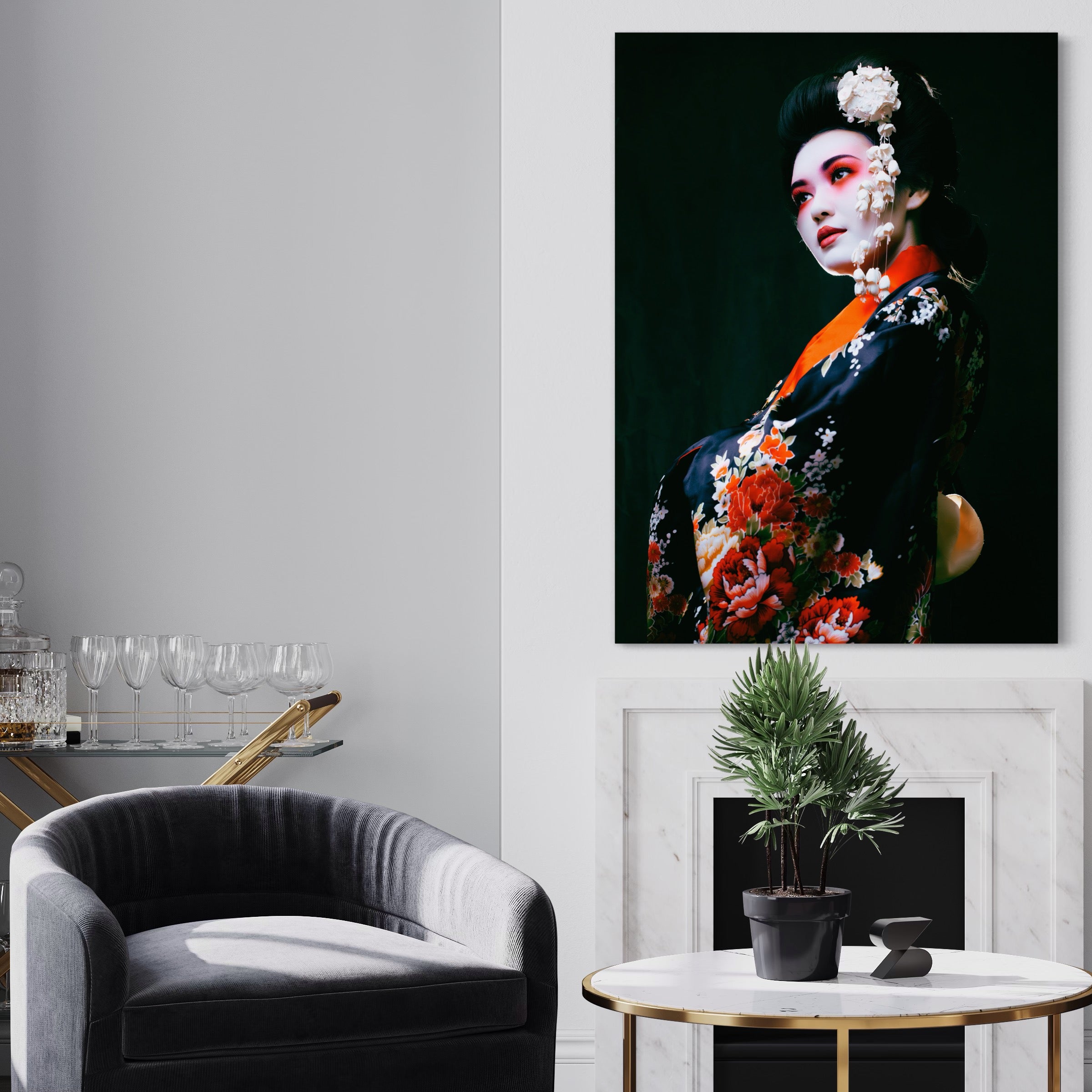 Tablou Canvas Premium LuxCanva® A1266, Geisha, Artista, Dansatoare, Fumusete Japoneza, Dormitor, Culori Vibrante