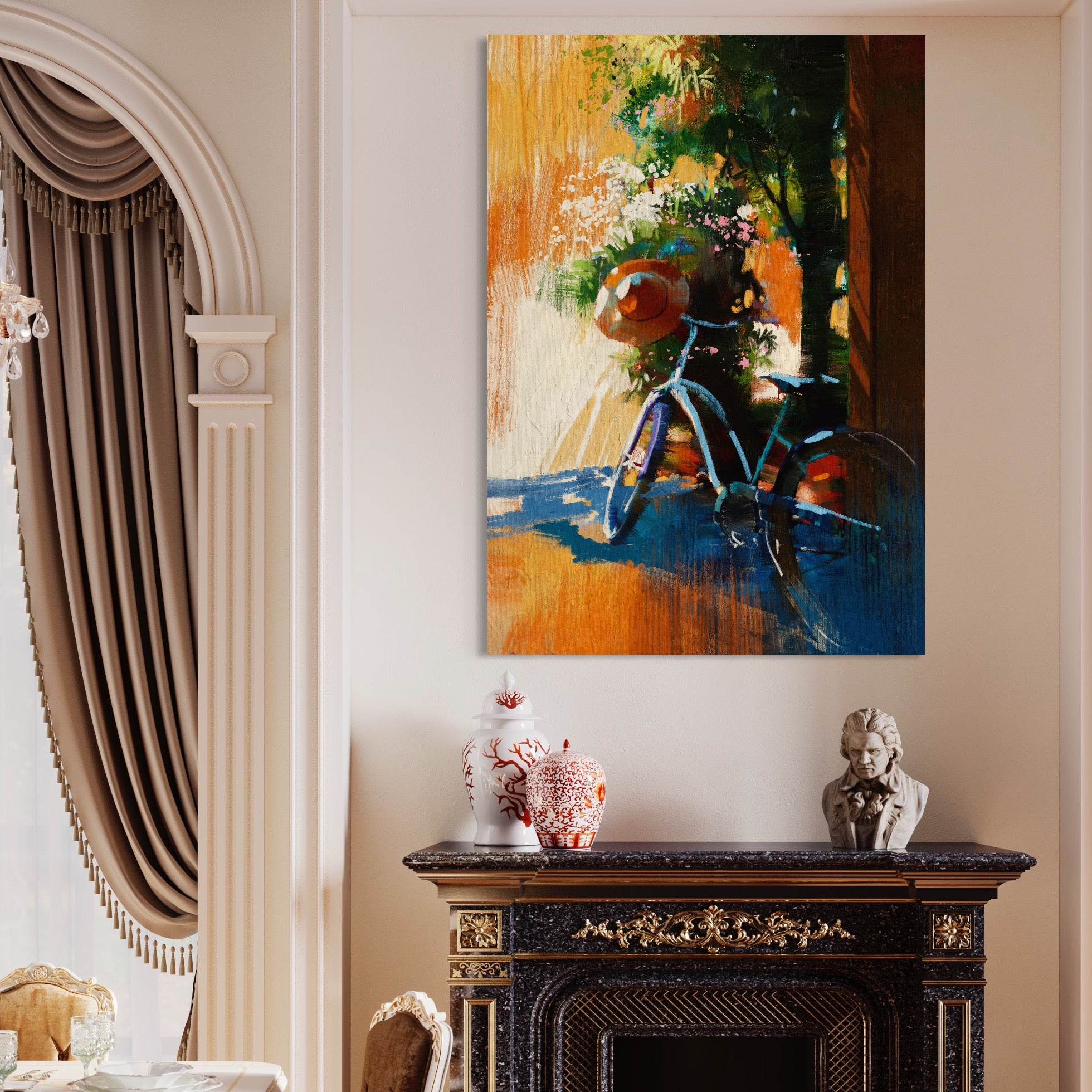 Tablou Canvas Premium LuxCanva® A1264, Bicicleta, Flori, Copac, Palarie, Dormitor, Culori Vibrante