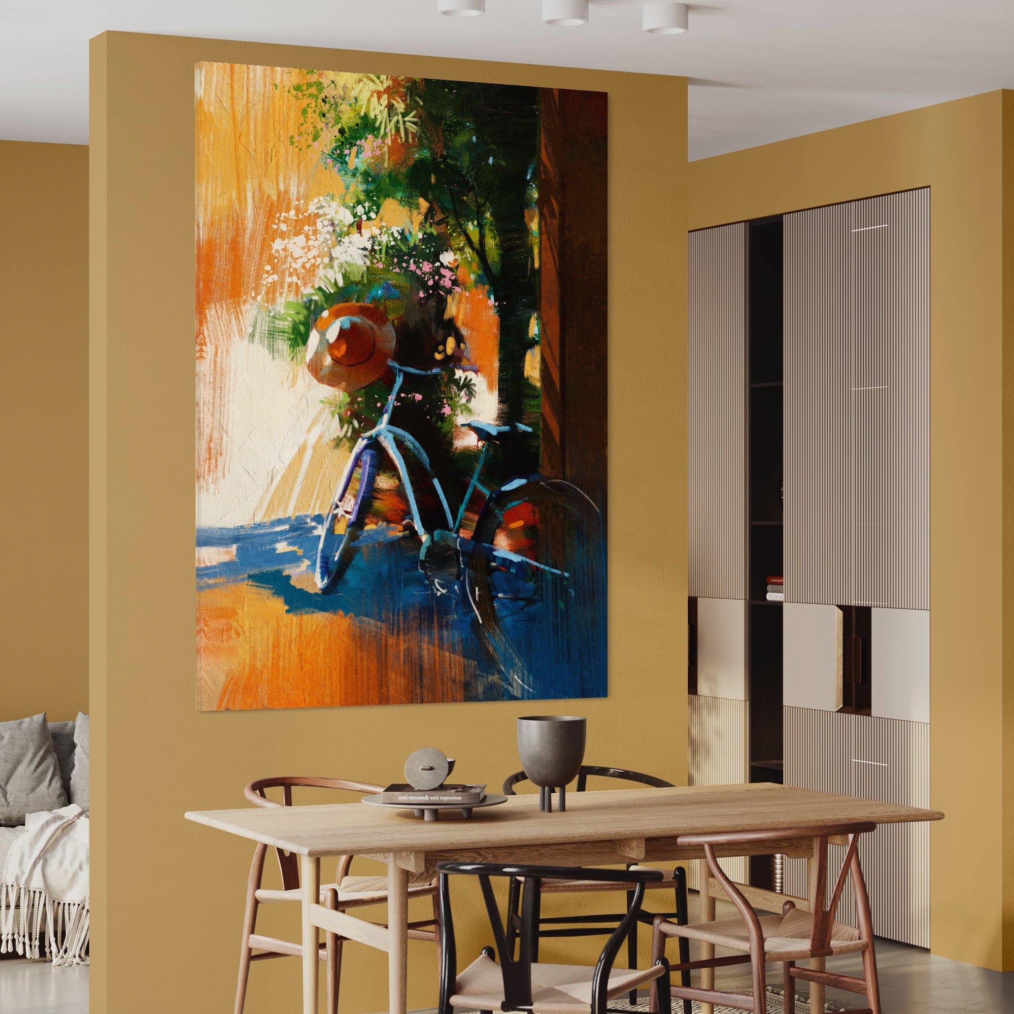 Tablou Canvas Premium LuxCanva® A1264, Bicicleta, Flori, Copac, Palarie, Dormitor, Culori Vibrante