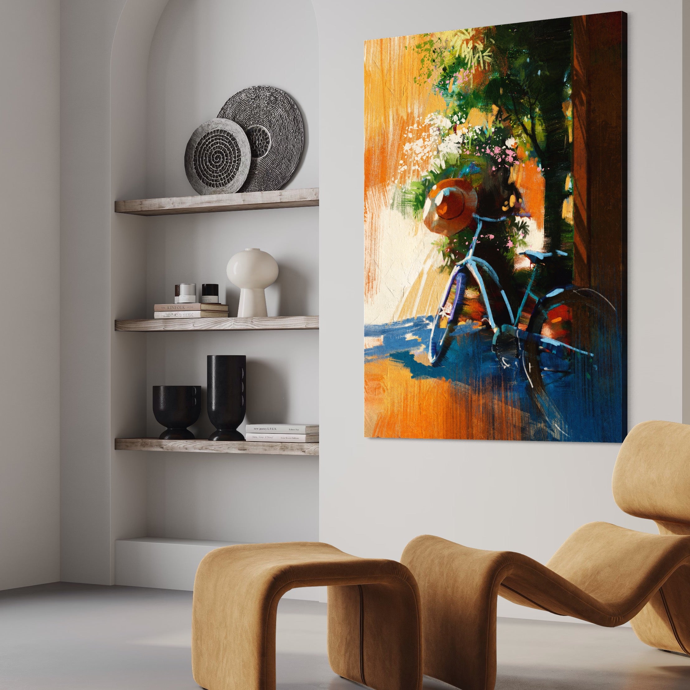 Tablou Canvas Premium LuxCanva® A1264, Bicicleta, Flori, Copac, Palarie, Dormitor, Culori Vibrante