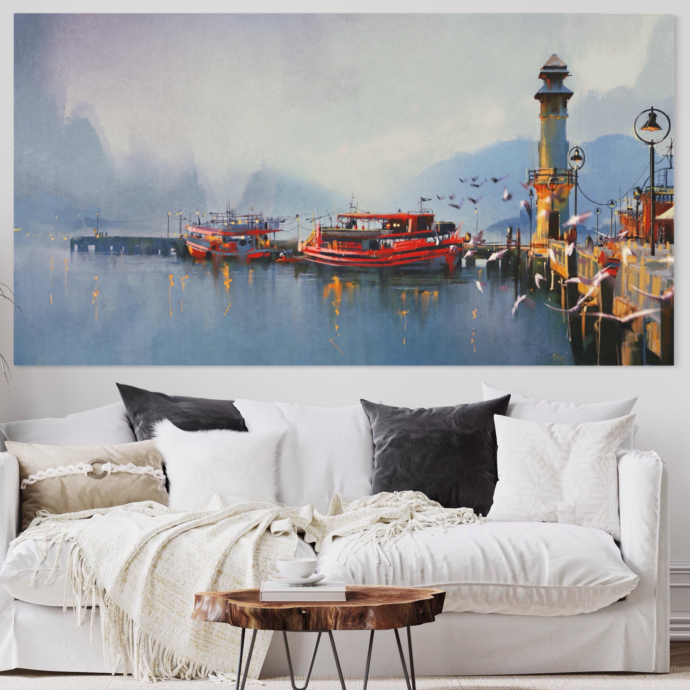 Tablou Canvas Premium LuxCanva® A1263, Red Boats, Port, Barci, Far, Mare, Dormitor, Culori Vibrante