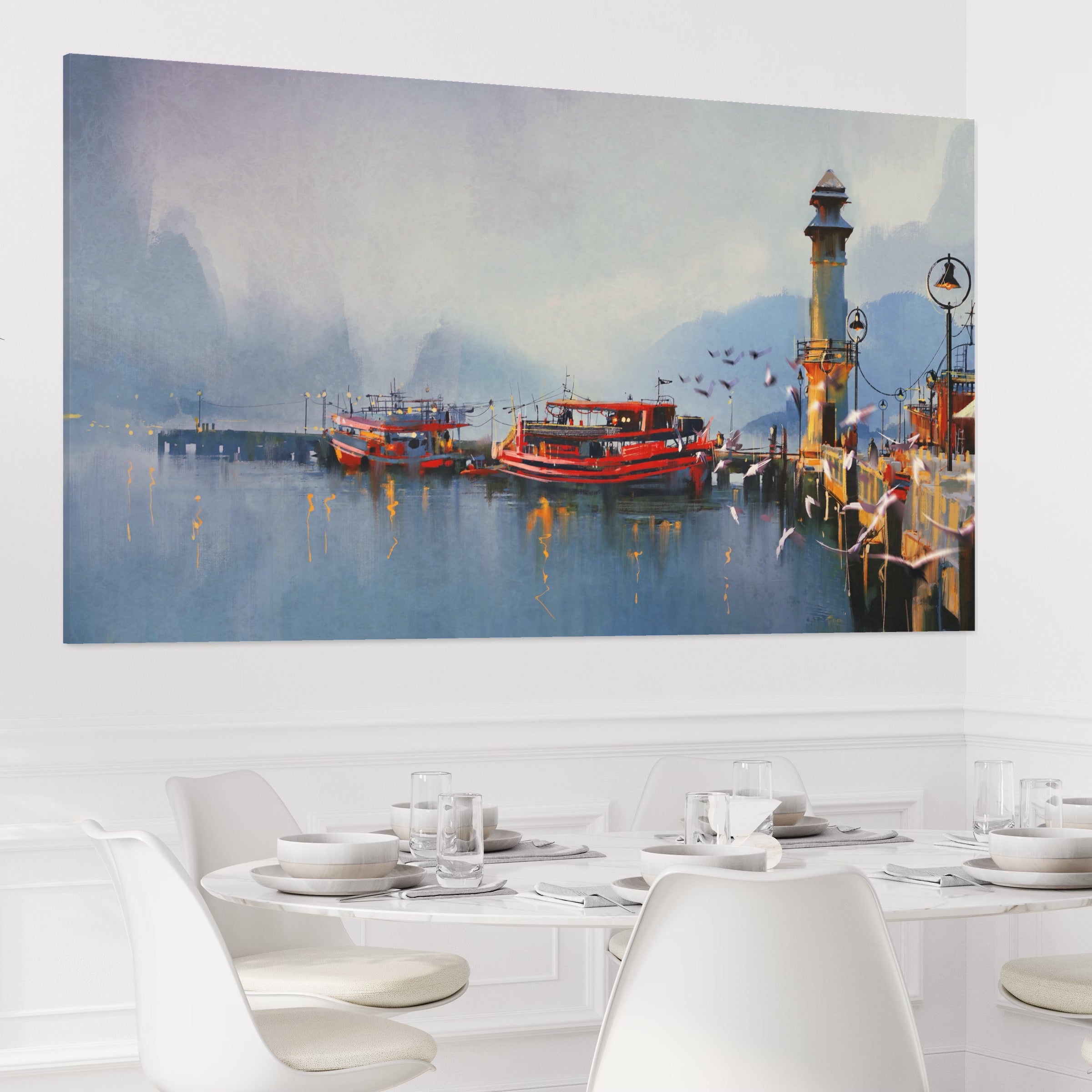 Tablou Canvas Premium LuxCanva® A1263, Red Boats, Port, Barci, Far, Mare, Dormitor, Culori Vibrante