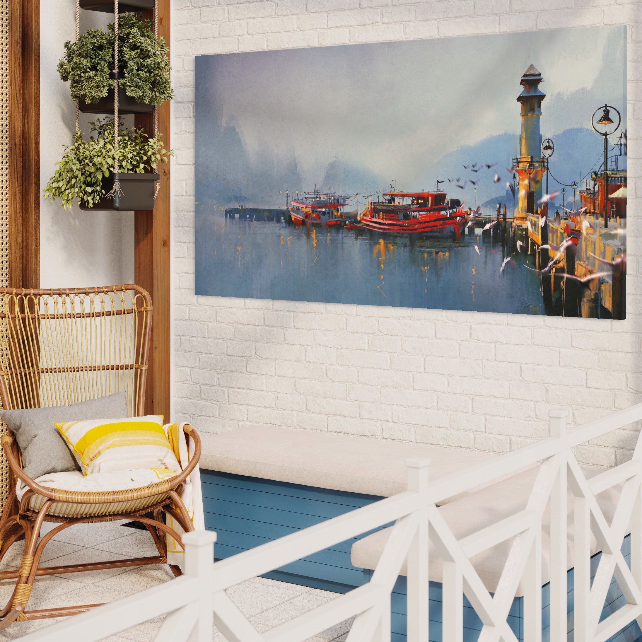 Tablou Canvas Premium LuxCanva® A1263, Red Boats, Port, Barci, Far, Mare, Dormitor, Culori Vibrante