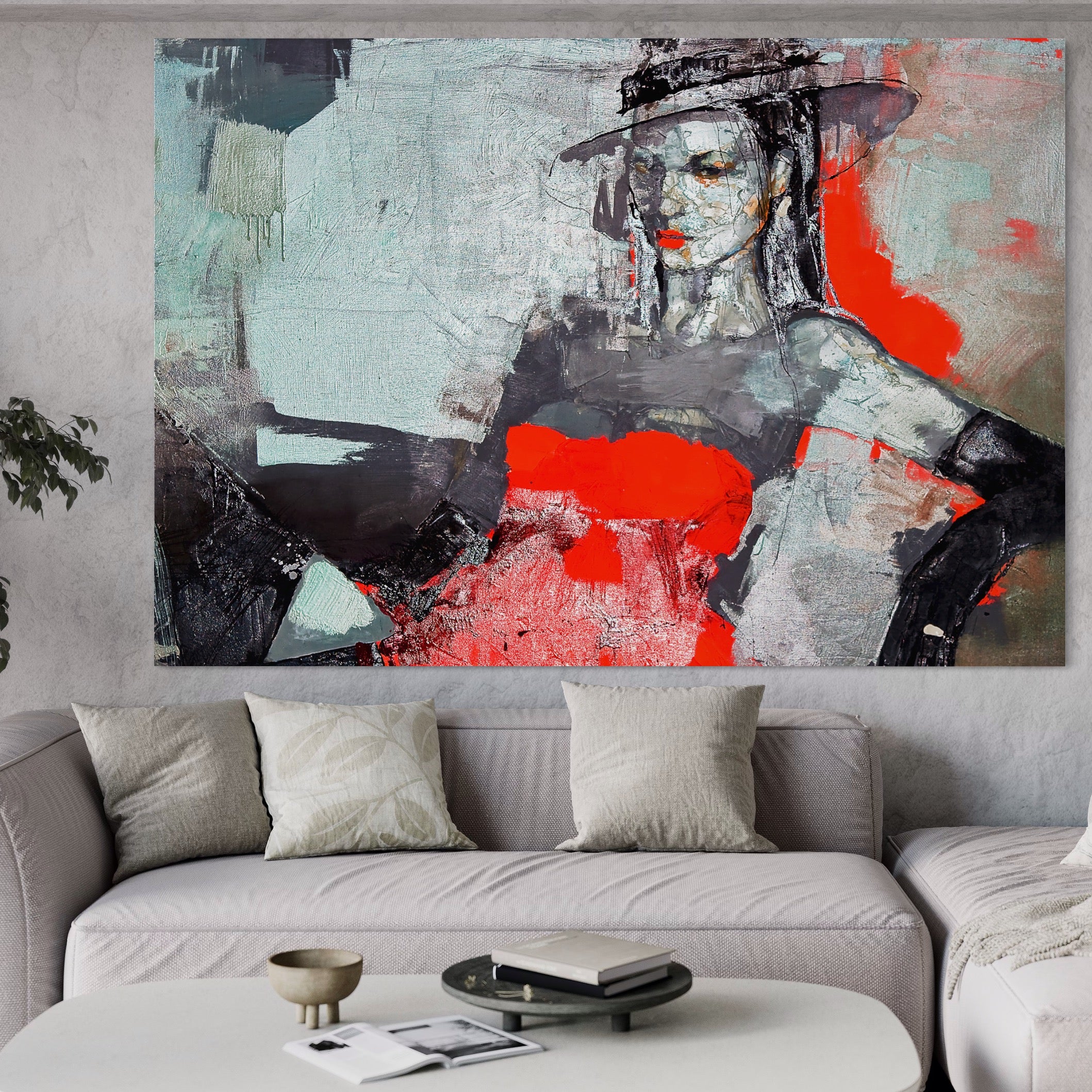Tablou Canvas Premium LuxCanva® A1262, Lady In Red, Femeie, Portret, Palarie, Dormitor, Culori Vibrante
