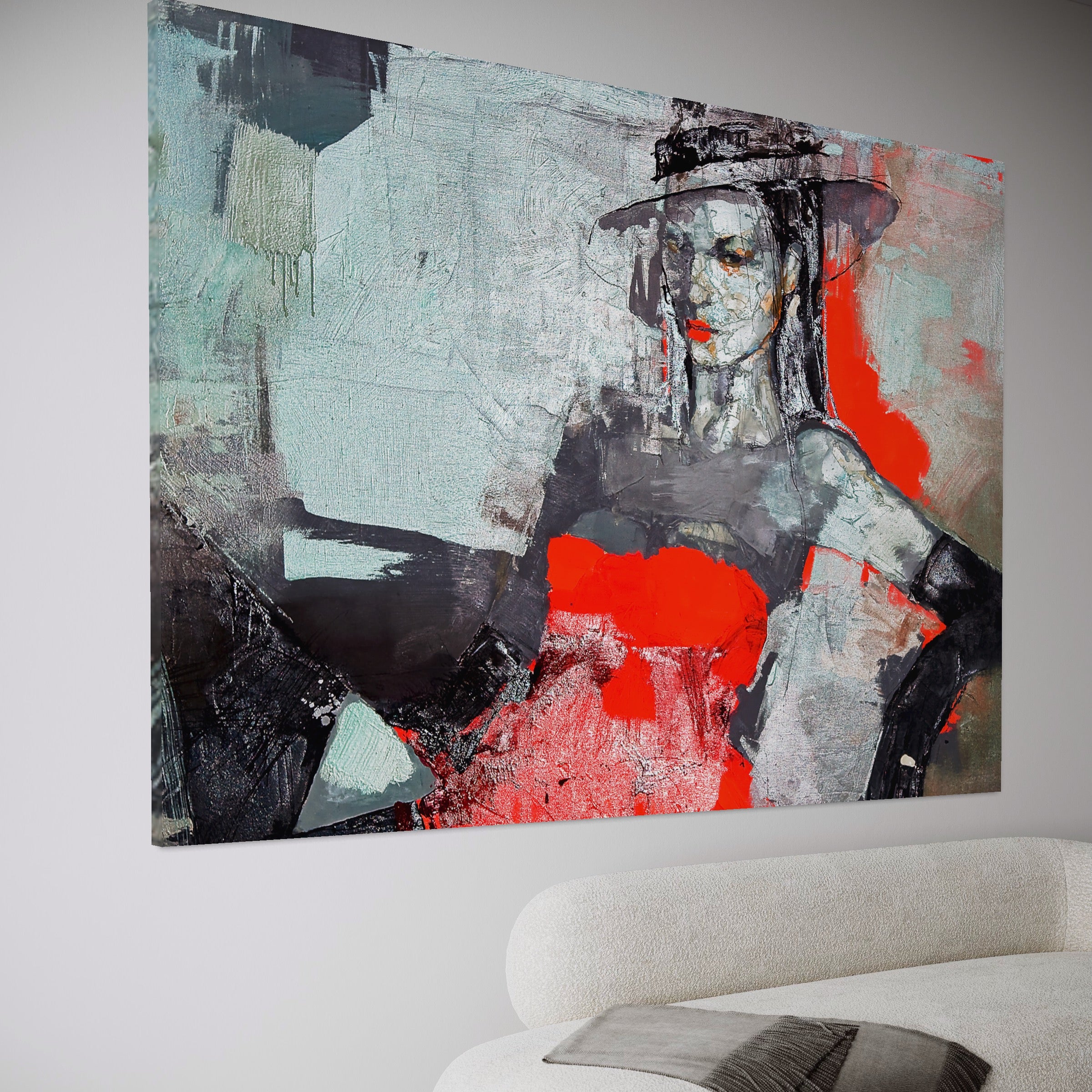 Tablou Canvas Premium LuxCanva® A1262, Lady In Red, Femeie, Portret, Palarie, Dormitor, Culori Vibrante