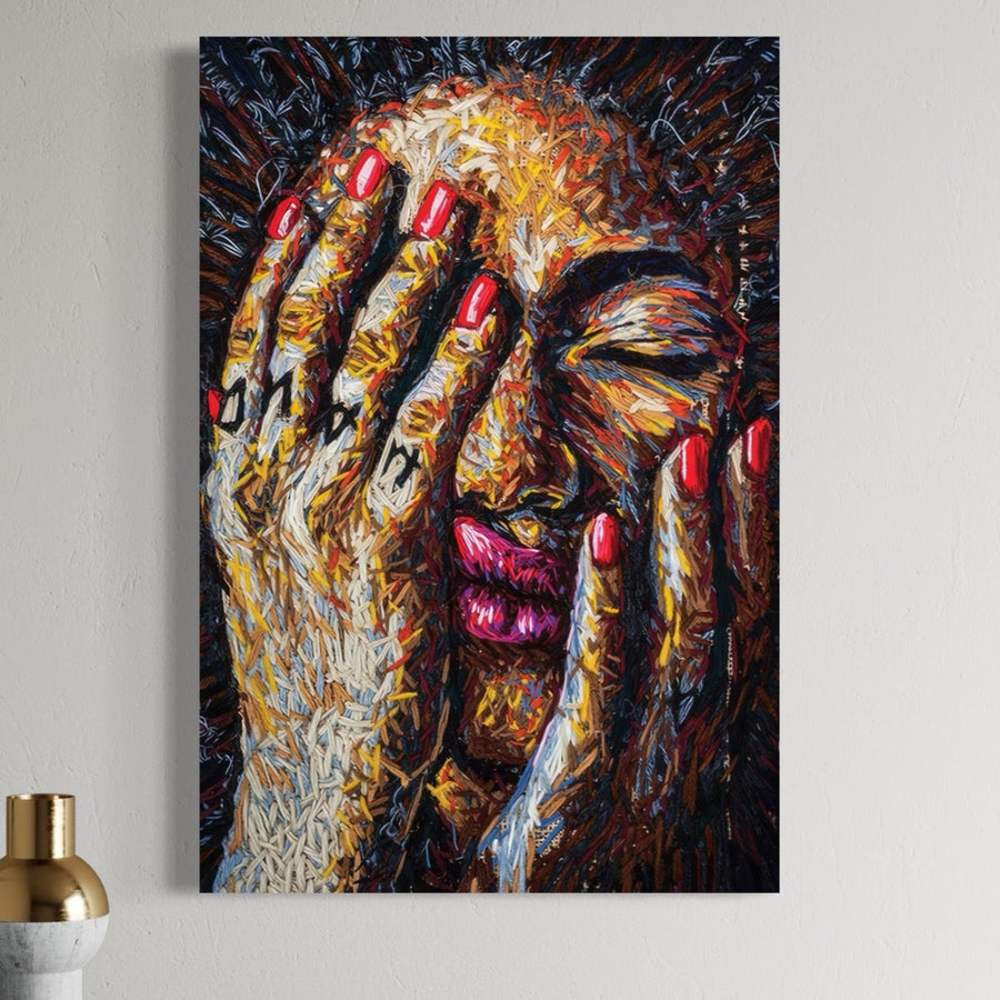 Tablou Canvas Premium LuxCanva® C1040 "Morning Face" cu o femeie acoperindu-și fața, realizat pe pânză bumbac, aduce rafinament și culori vibrante în orice dormitor sau living.