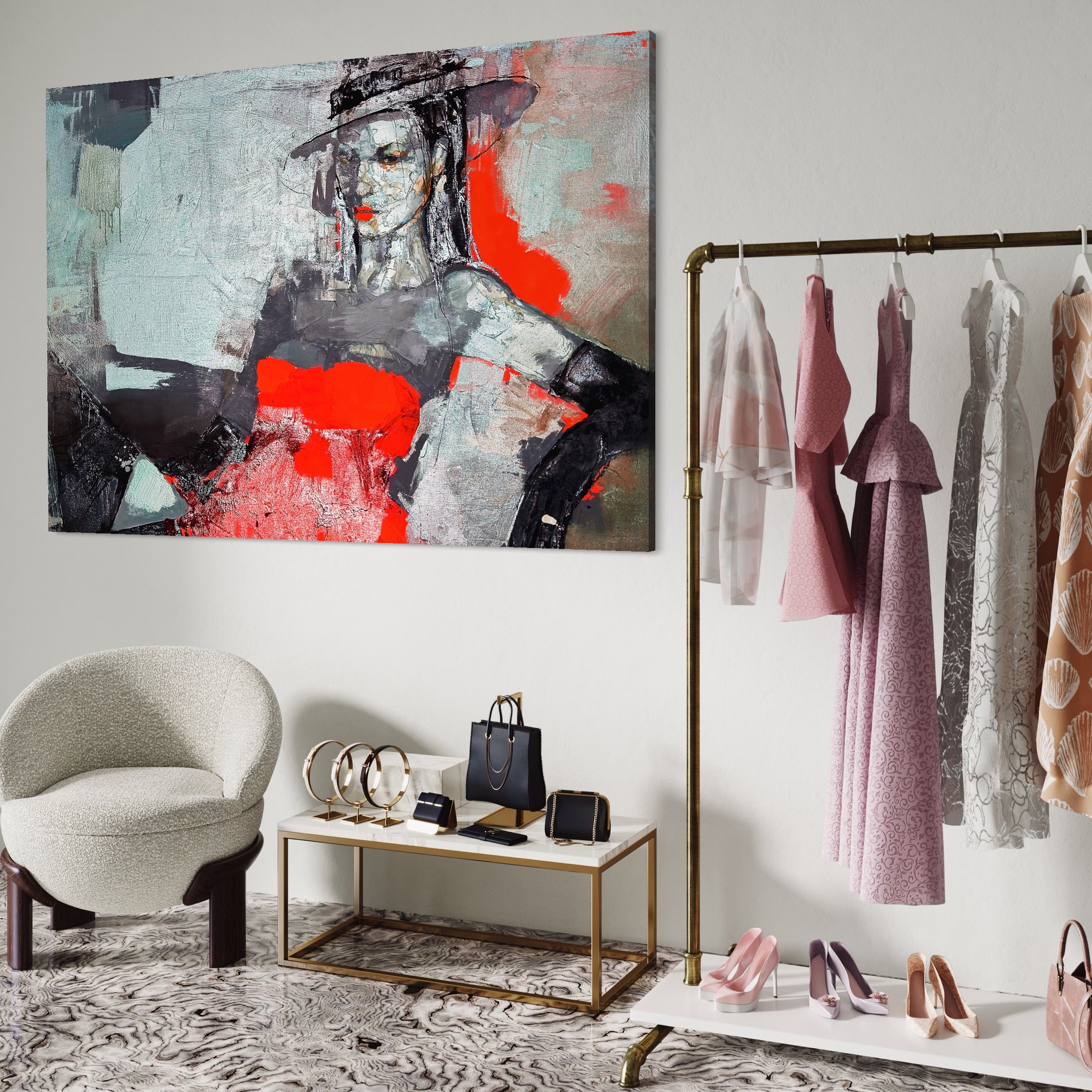 Tablou Canvas Premium LuxCanva® A1262, Lady In Red, Femeie, Portret, Palarie, Dormitor, Culori Vibrante