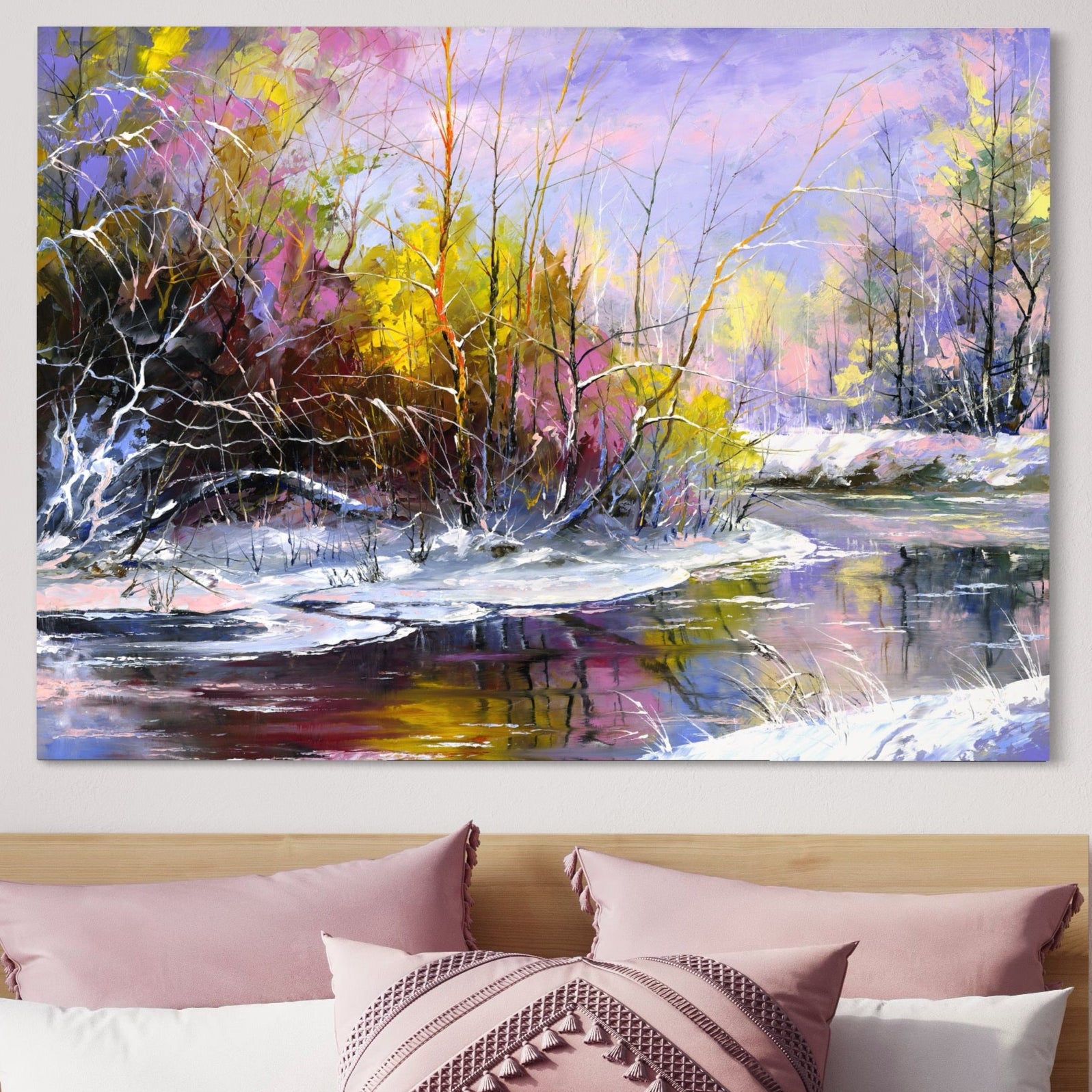 Tablou Canvas Premium LuxCanva® A1261, Purple Winter, Iarna, Zapada, Copaci, Lac, Culori Vibrante