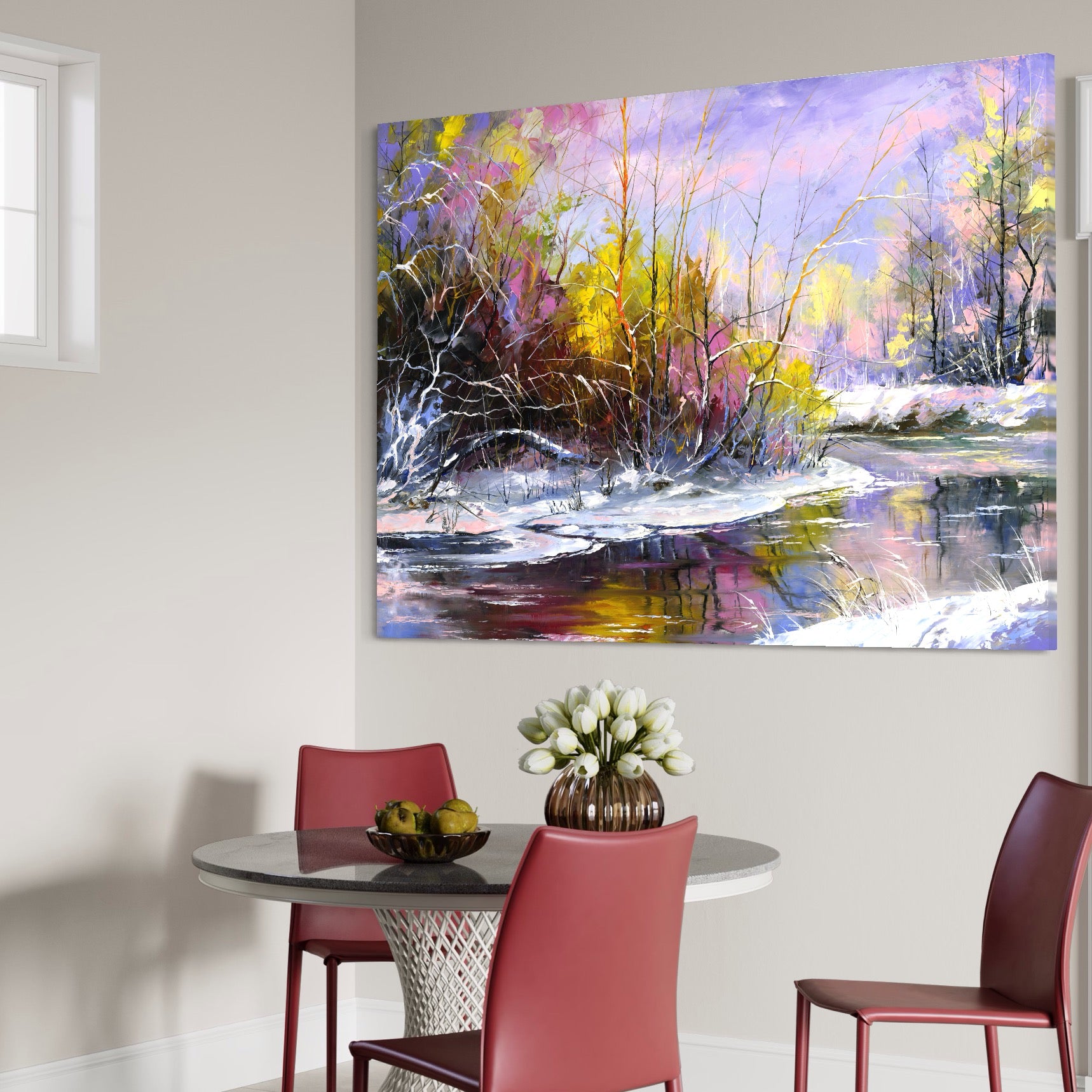 Tablou Canvas Premium LuxCanva® A1261, Purple Winter, Iarna, Zapada, Copaci, Lac, Culori Vibrante