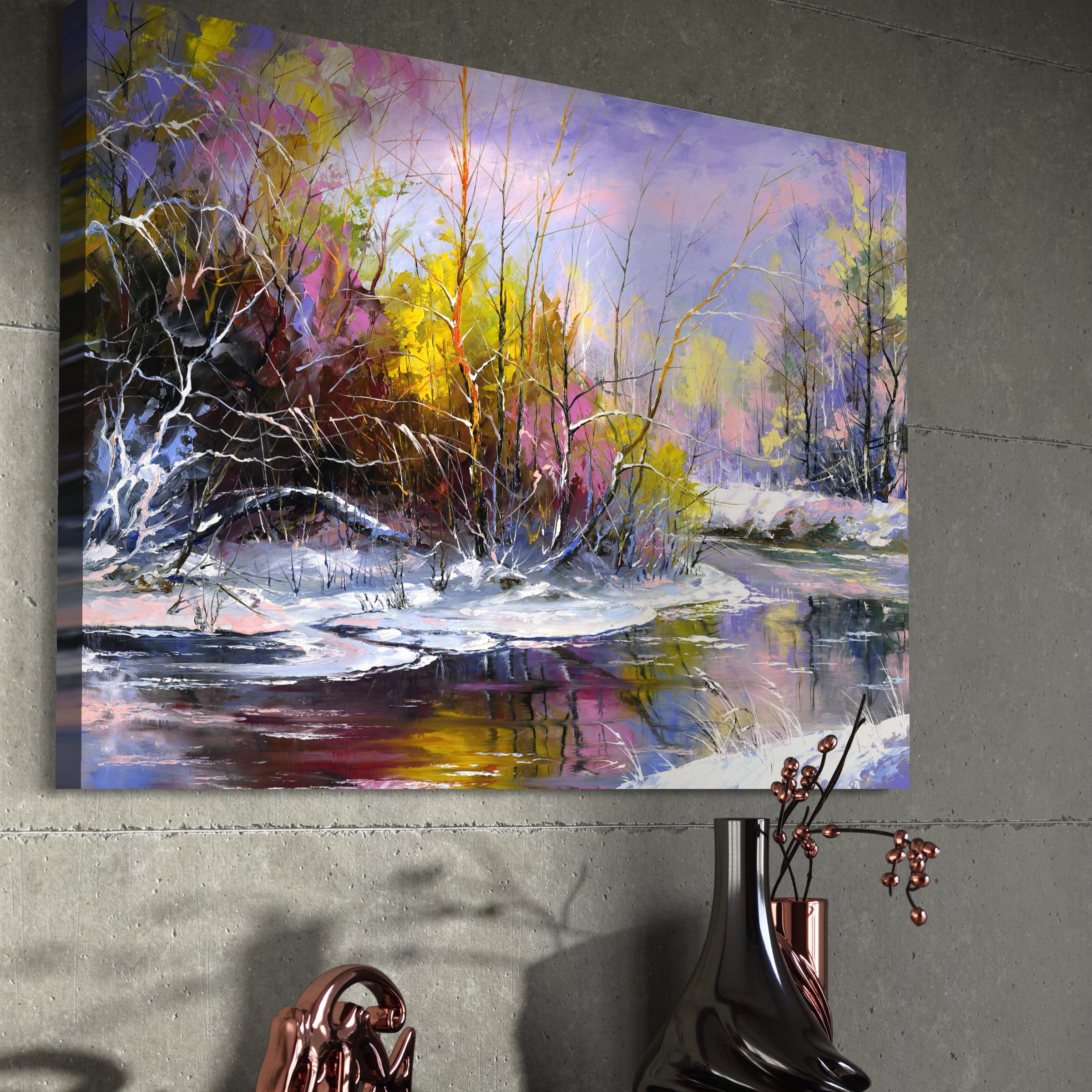 Tablou Canvas Premium LuxCanva® A1261, Purple Winter, Iarna, Zapada, Copaci, Lac, Culori Vibrante