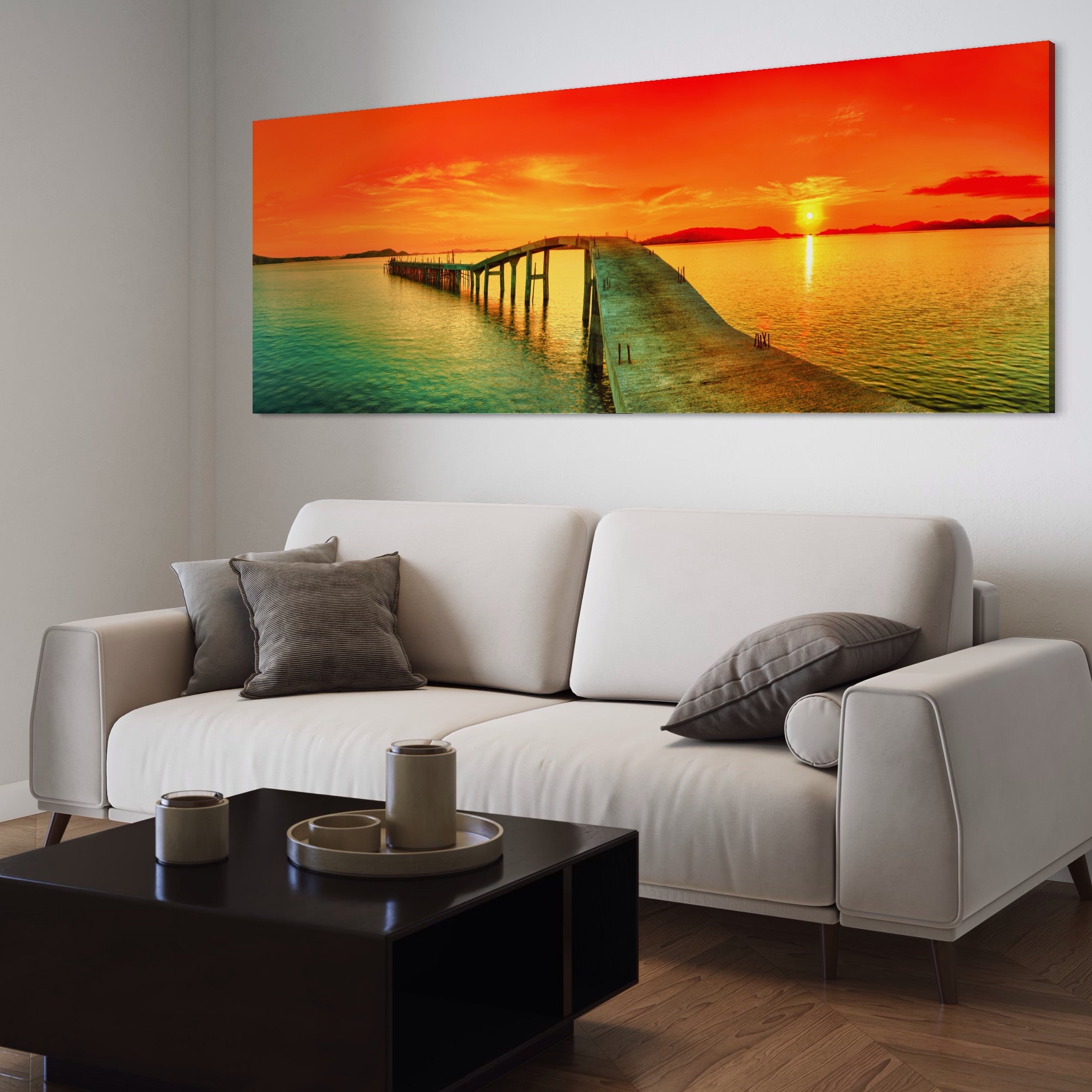 Tablou Canvas Premium LuxCanva® A1259, Pod La Rasarit , Mare, Munte, Soare, Dormitor, Culori Vibrante