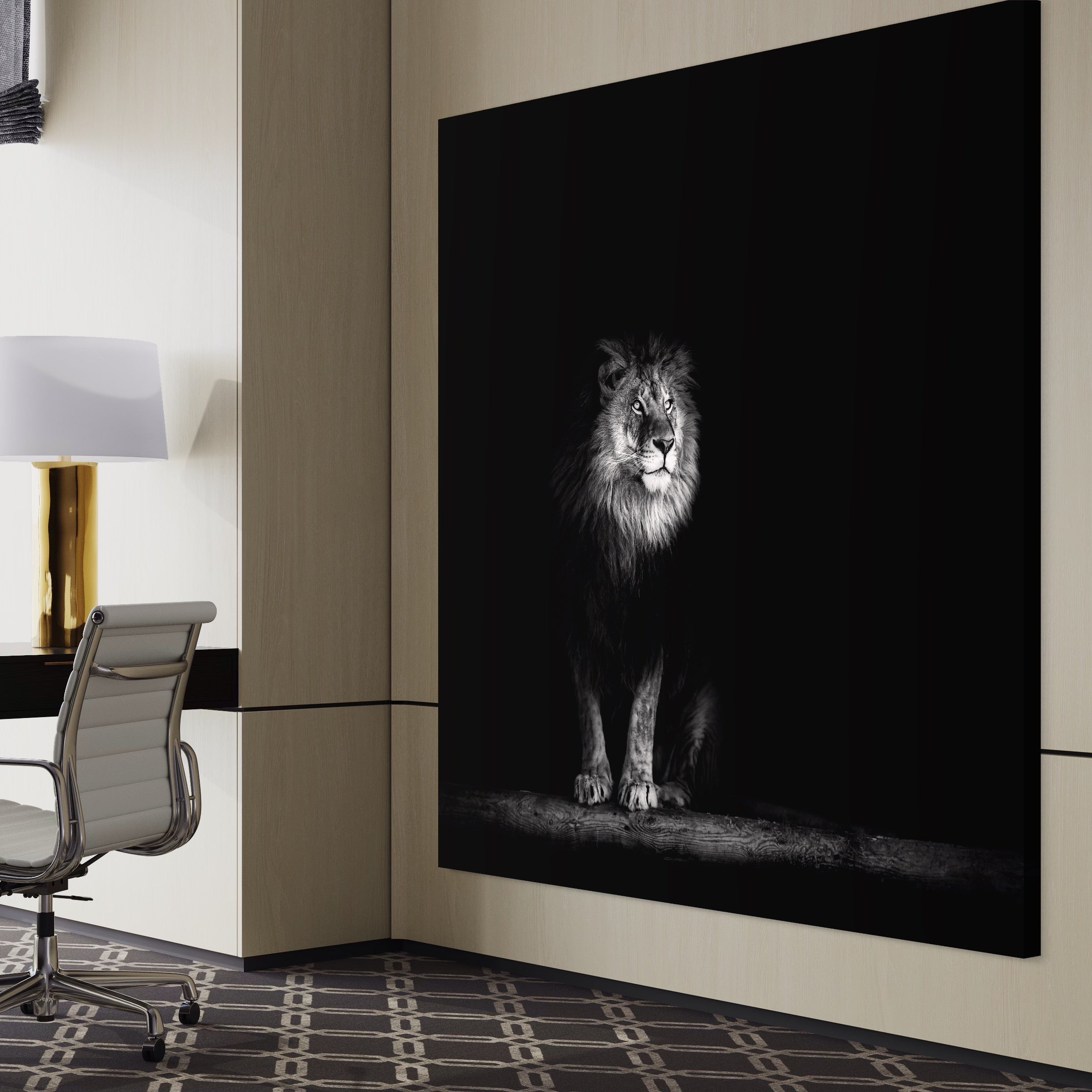 Tablou Canvas Premium LuxCanva® A1258, Leu Alb-Negru, Animal, Regele Junglei, Safari, Dormitor, Decorativ