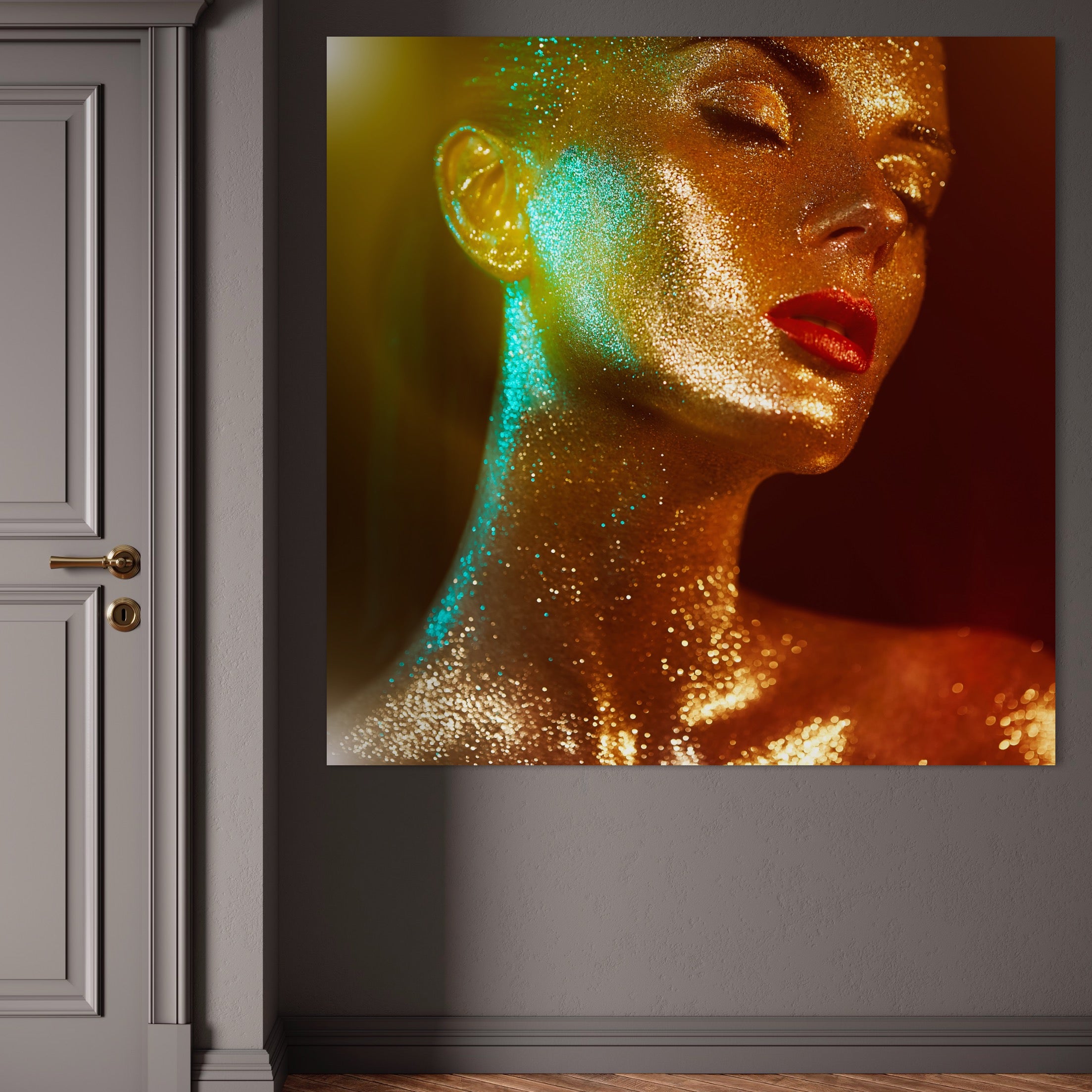 Tablou Canvas Premium LuxCanva® A1257, Girl With Glitter, Dressing, Sclipici, Auriu, Femeie, Dormitor, Culori Vibrante