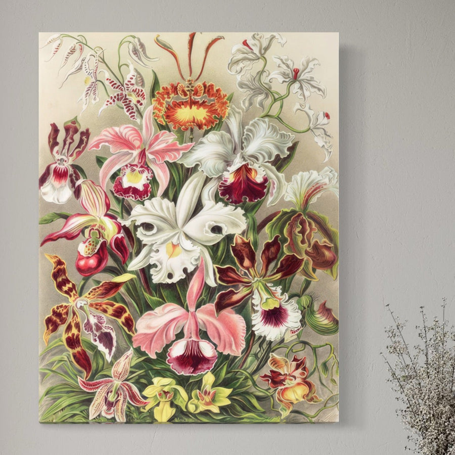 Tablou Canvas Premium LuxCanva® C1043 prezintă orhidee multicolore vibrante pe pânză de bumbac premium, ideală pentru decorarea biroului sau a camerei de zi. Afișată pe un perete gri deschis cu un accent de plantă uscată, aceasta adaugă culoare și relaxare oricărui spațiu.