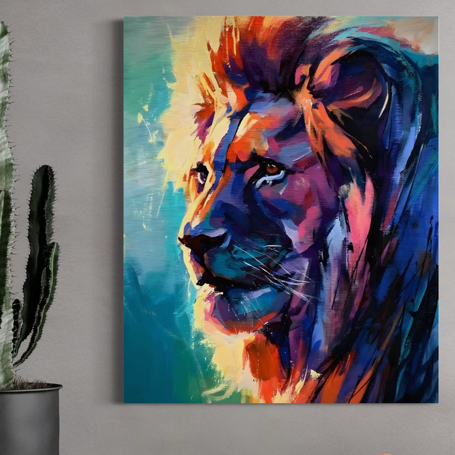 Tablou Canvas Premium LuxCanva® C1046, "Lion King Focus", prezintă un leu abstract, vibrant, în culori îndrăznețe - un decor de perete perfect pentru camera de zi sau dormitorul dvs. pentru a crea o atmosferă relaxantă și elegantă.